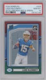 Ladd McConkey from the 2024 Donruss set featuring a Red and Green parallel graded by PSA and given an overall grade of 10.