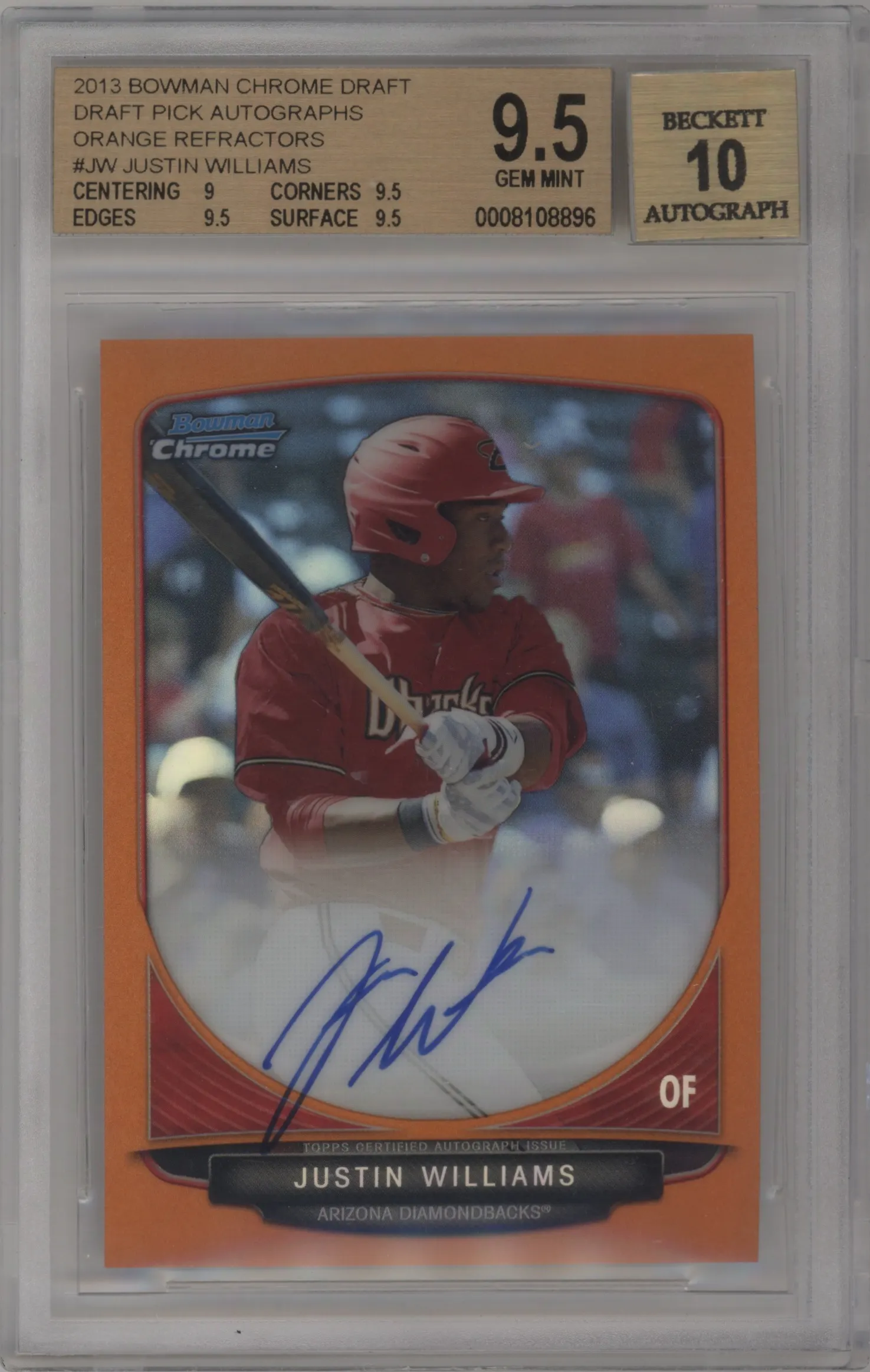 2013 Bowman Draft Picks & Prospects Chrome DP Auto Justin Williams Orange Refractor BGS 9.5