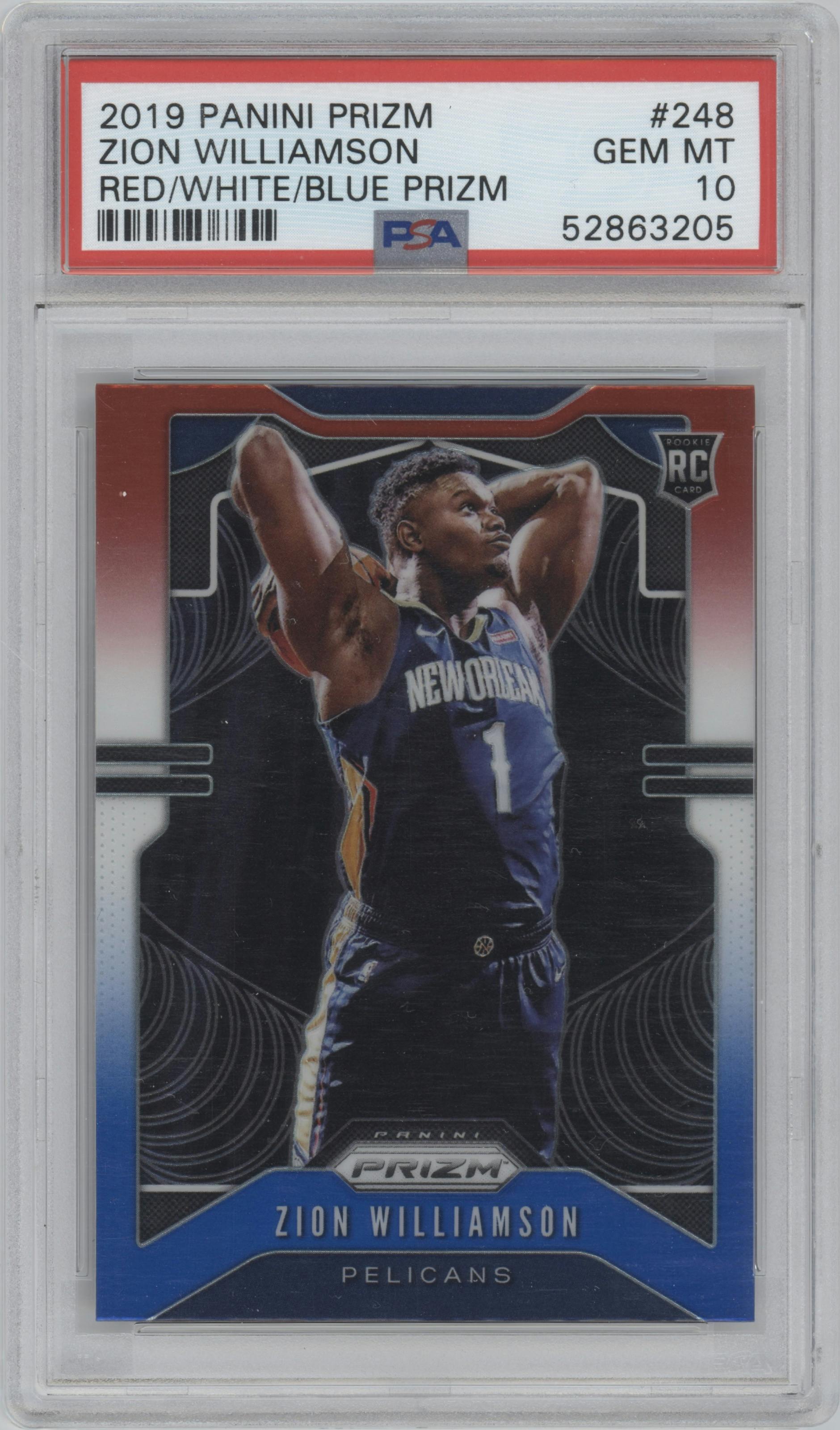 Zion Williamson from the 2019-20 Panini Prizm set featuring a Red/White/Blue Prizm  parallel graded by PSA and given an overall grade of 10.