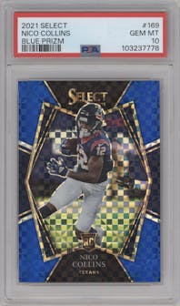 Nico Collins from the 2021 Panini Select set featuring a Blue Prizm parallel graded by PSA and given an overall grade of 10.