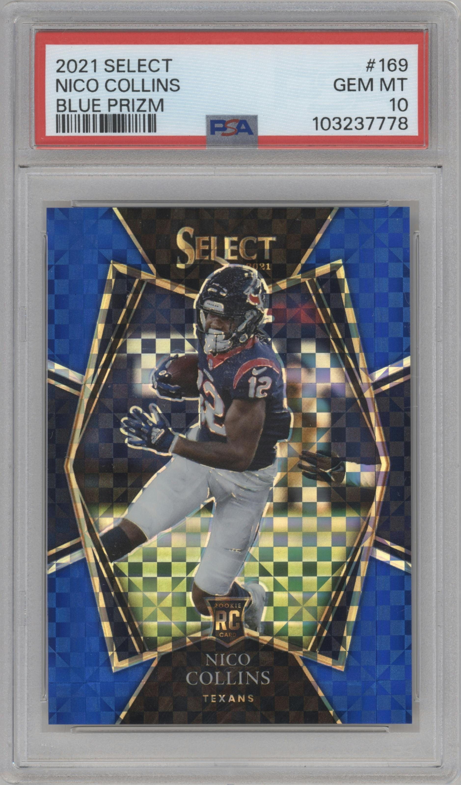 Nico Collins from the 2021 Panini Select set featuring a Blue Prizm parallel graded by PSA and given an overall grade of 10.