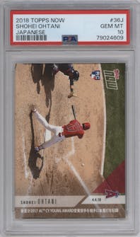 Shohei Ohtani from the 2018 Topps Now set graded by PSA and given an overall grade of 10.