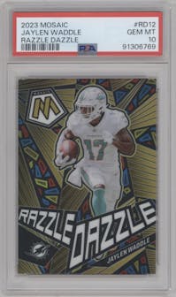 Jaylen Waddle from the 2023 Panini Mosaic set graded by PSA and given an overall grade of 10.