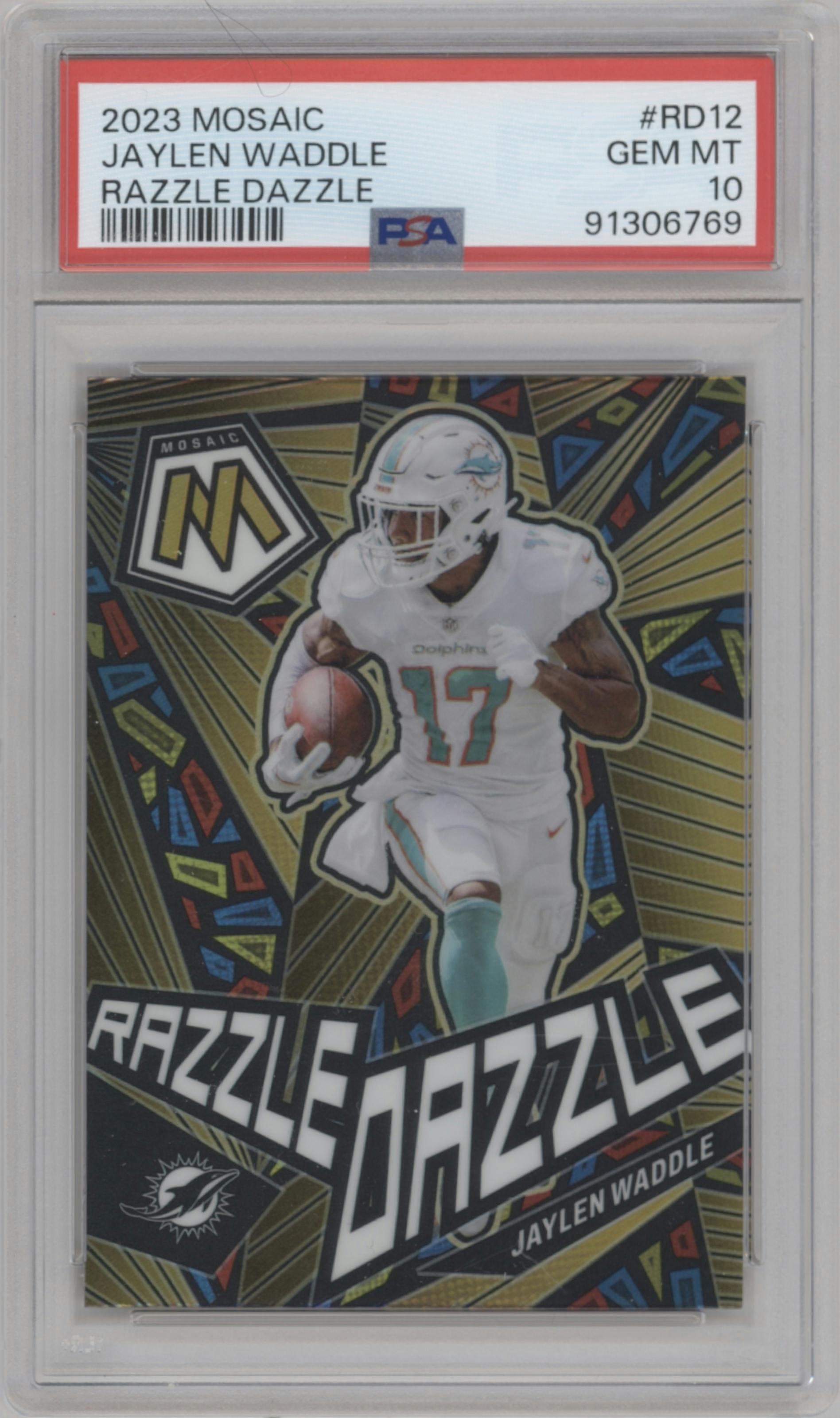 Jaylen Waddle from the 2023 Panini Mosaic set graded by PSA and given an overall grade of 10.