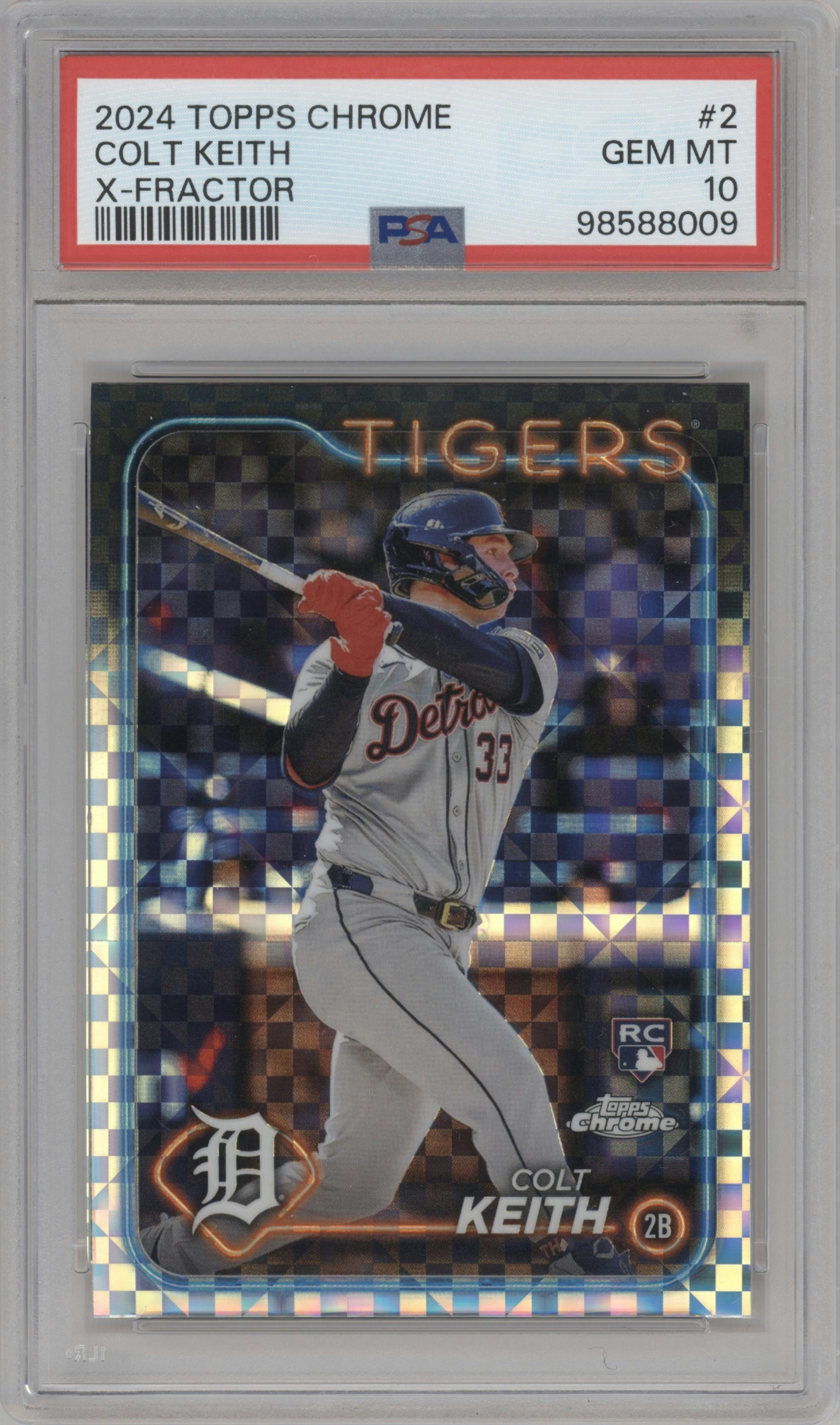 Colt Keith from the 2024 Topps Chrome set featuring a X-Fractor parallel graded by PSA and given an overall grade of 10.