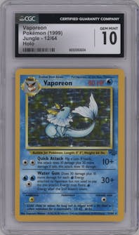 Vaporeon from the 1999 Pokemon set graded by CSG and given an overall grade of 10.