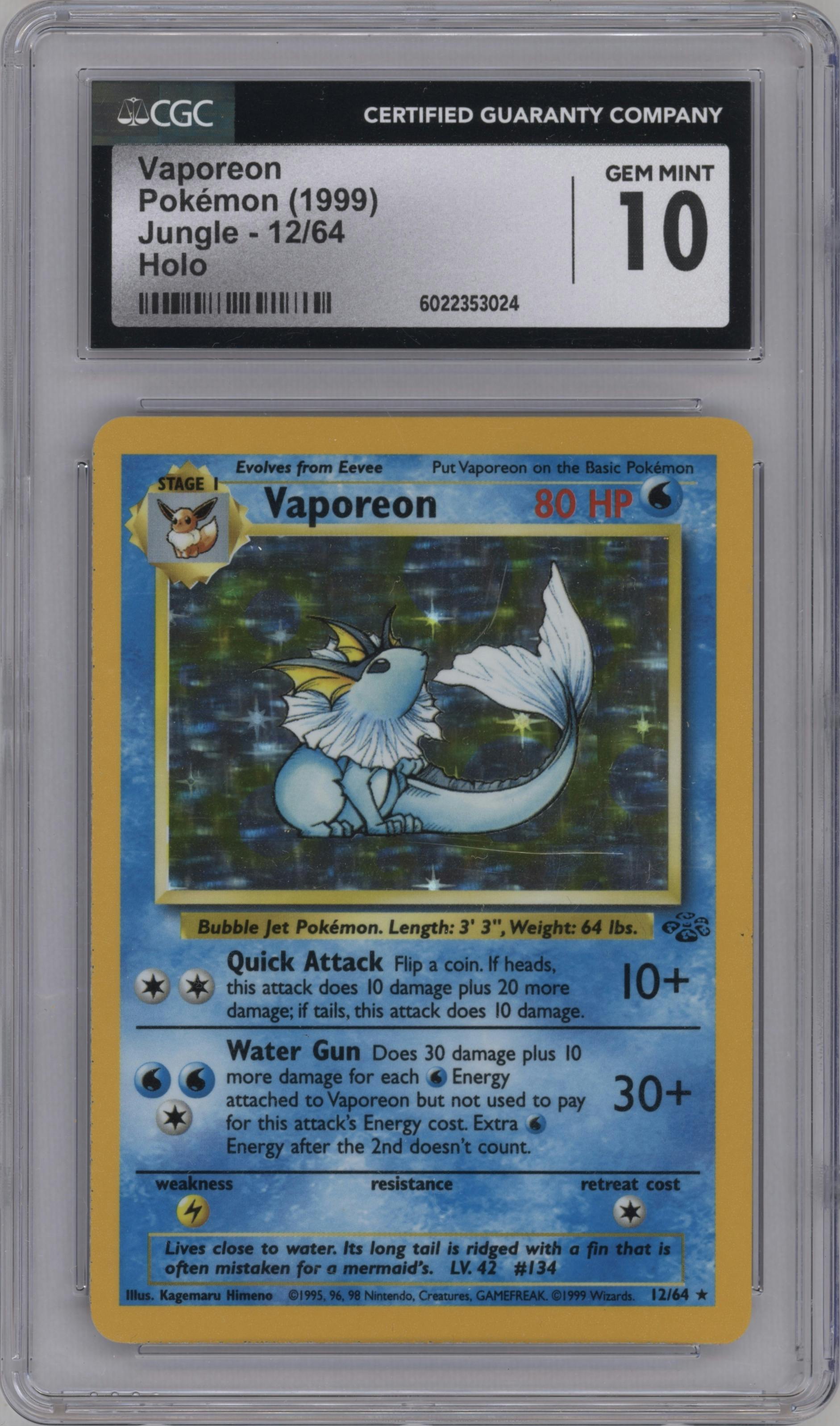 Vaporeon from the 1999 Pokemon set graded by CSG and given an overall grade of 10.