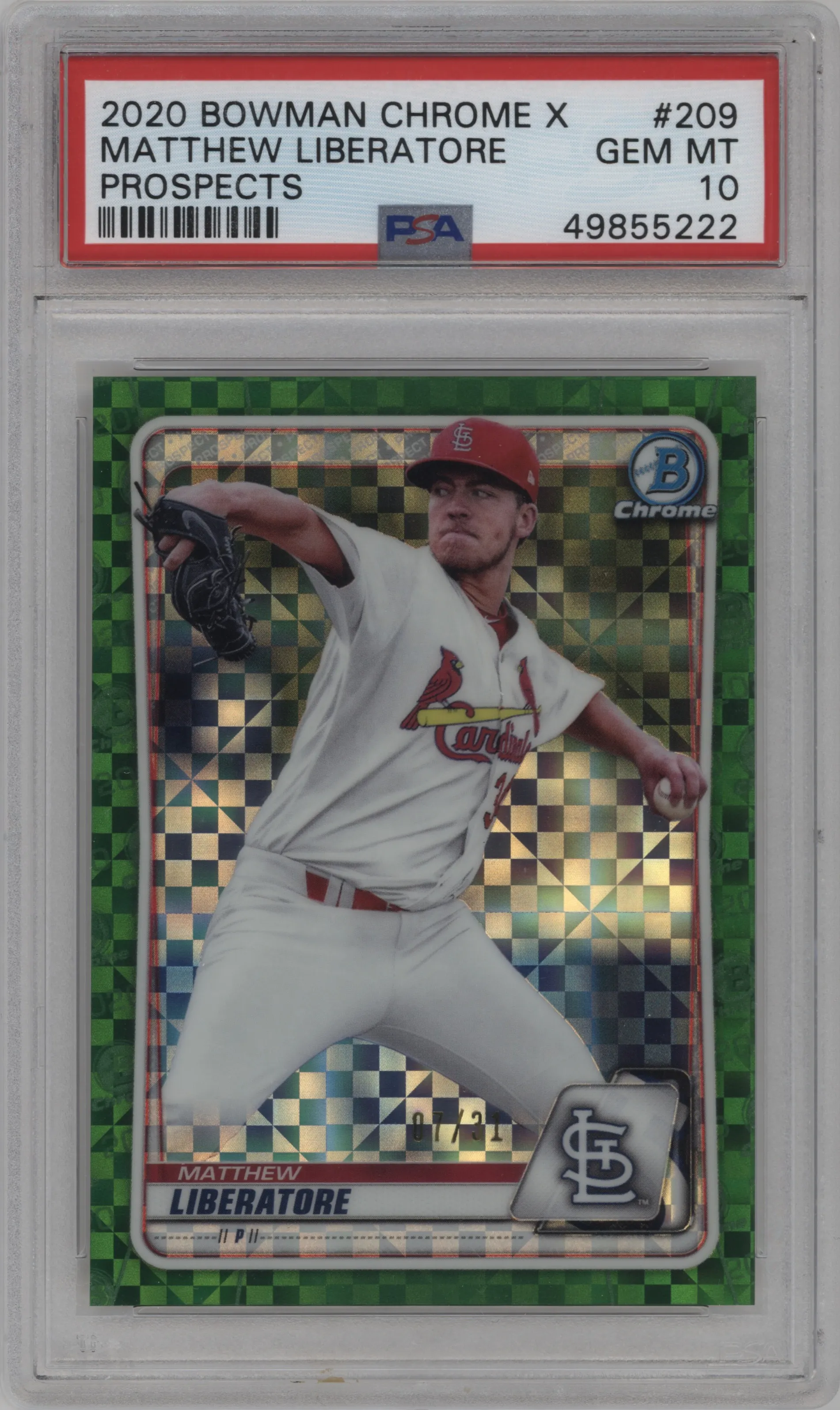 2020 Bowman Chrome Prospects Matthew Liberatore Green X-Fractor #BCP-209 PSA 10