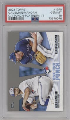 Alek Manoah/Kevin Gausman from the 2023 Topps Series 1 set featuring a Platinum parallel graded by PSA and given an overall grade of 10.