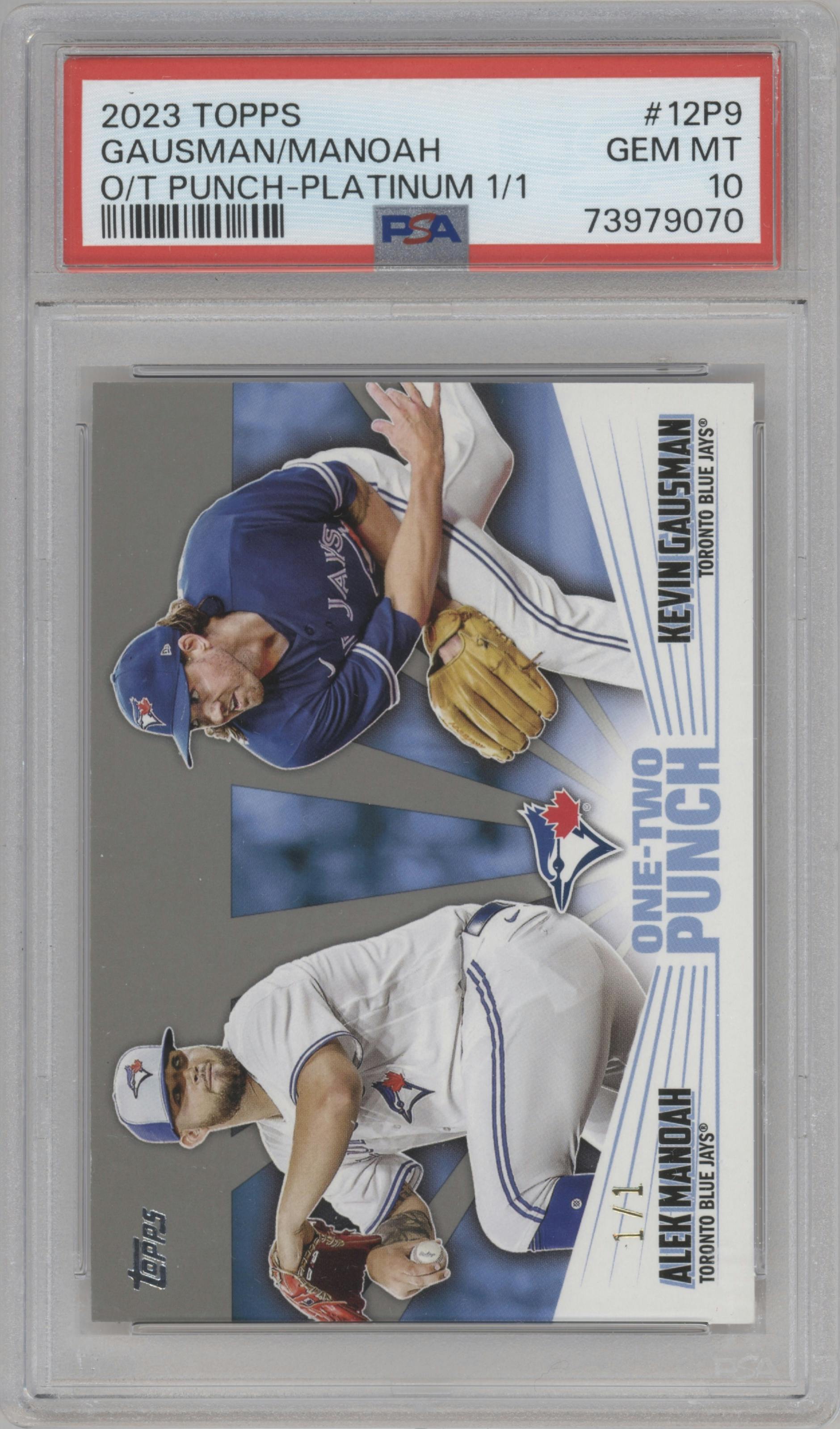 Alek Manoah/Kevin Gausman from the 2023 Topps Series 1 set featuring a Platinum parallel graded by PSA and given an overall grade of 10.