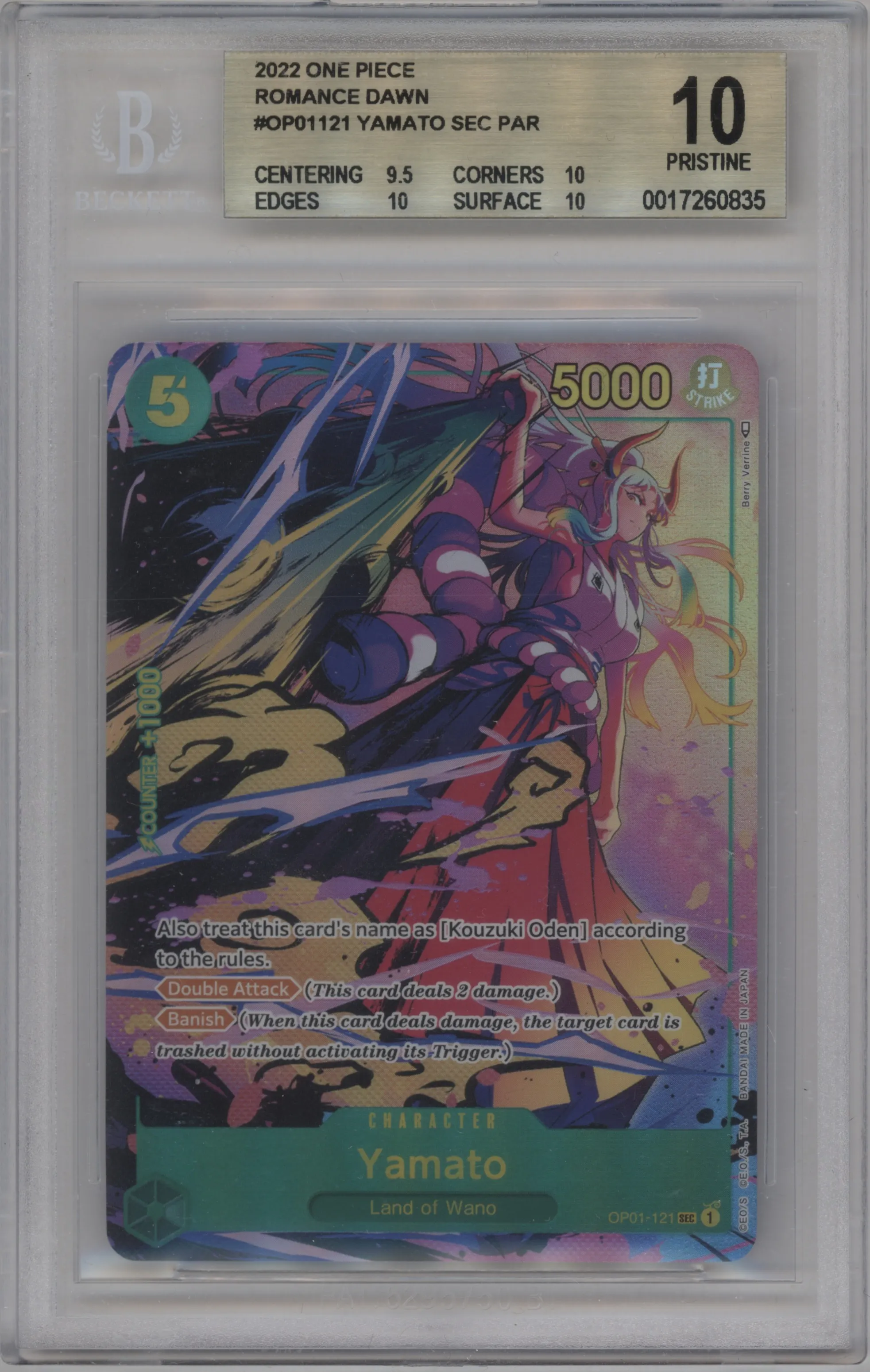 2022 One Piece Romance Dawn Yamato Alternate Art SEC #OP01-121 SEC BGS 10