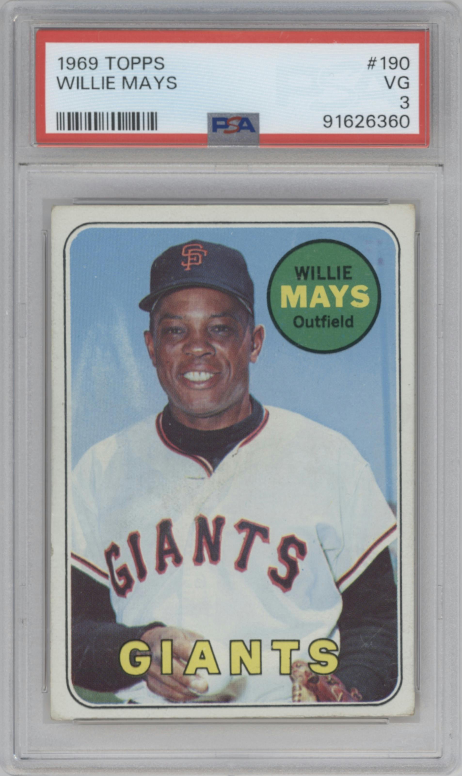 Willie Mays from the 1969 Topps set graded by PSA and given an overall grade of 3.