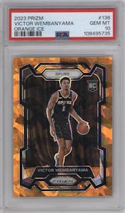 Victor Wembanyama from the 2023-24 Panini Prizm set featuring a Orange Ice parallel graded by PSA and given an overall grade of 10.