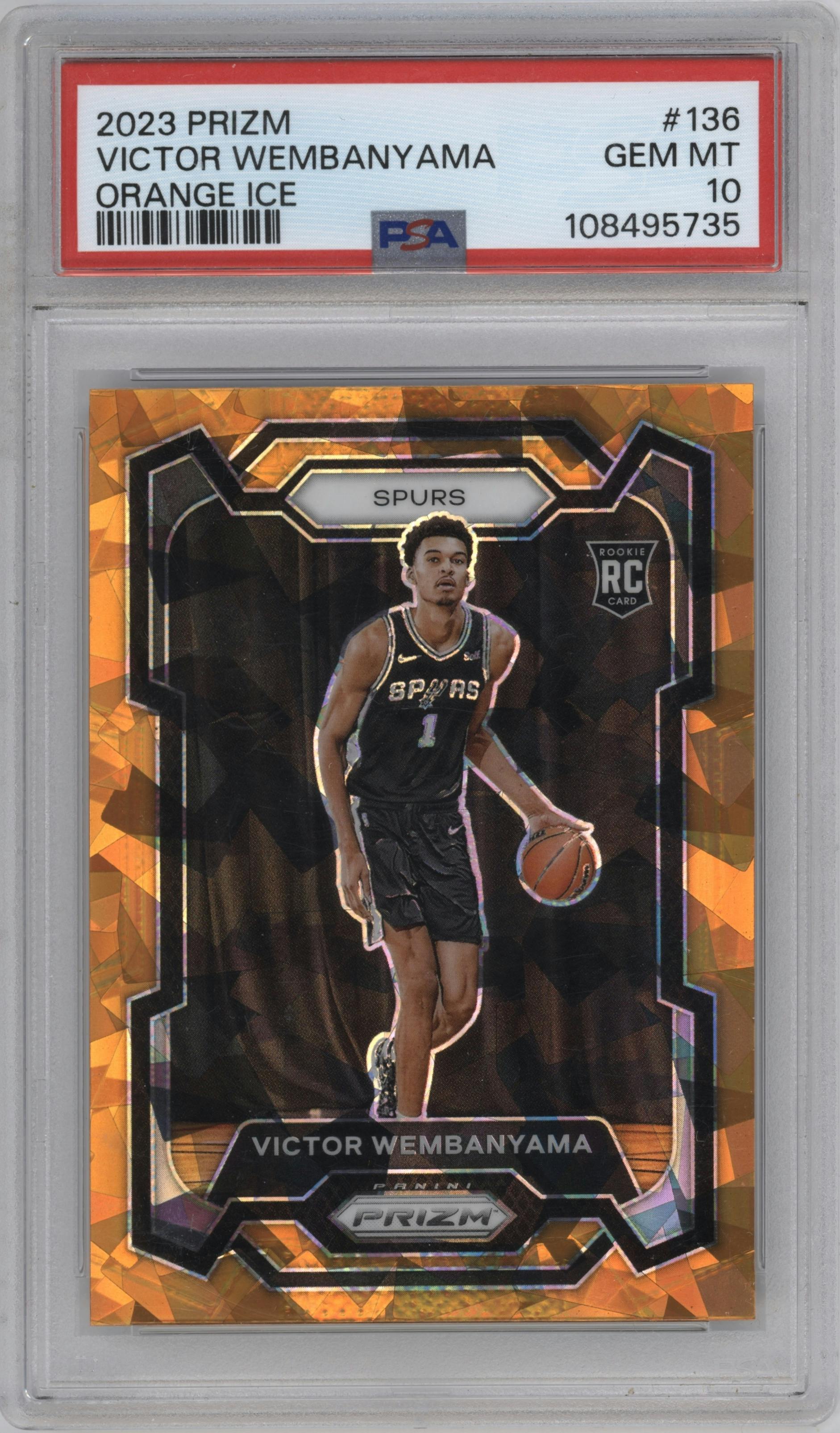Victor Wembanyama from the 2023-24 Panini Prizm set featuring a Orange Ice parallel graded by PSA and given an overall grade of 10.