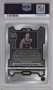 Victor Wembanyama from the 2023-24 Panini Prizm set featuring a Orange Ice parallel graded by PSA and given an overall grade of 10.