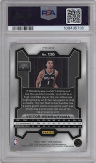Victor Wembanyama from the 2023-24 Panini Prizm set featuring a Orange Ice parallel graded by PSA and given an overall grade of 10.
