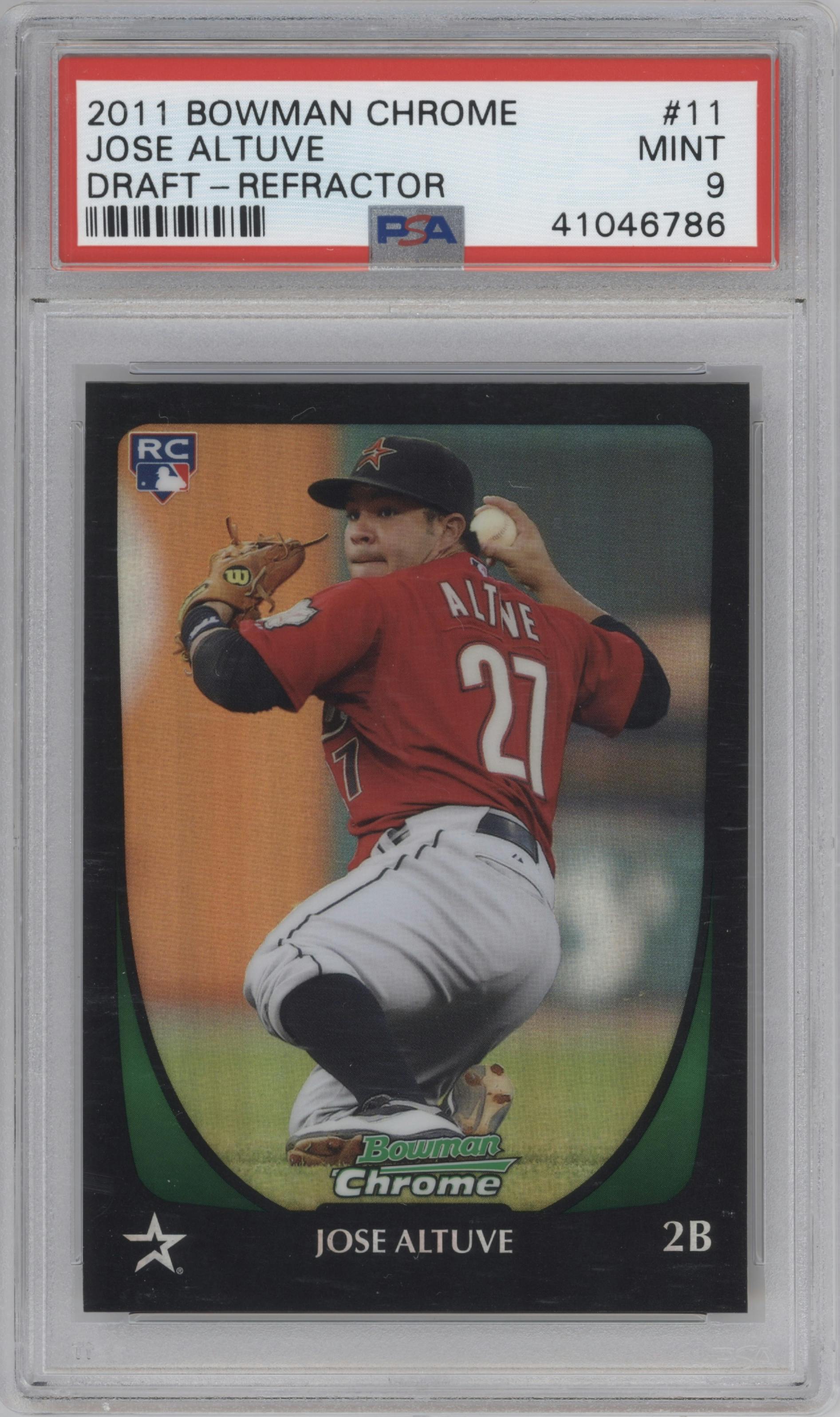 Jose Altuve from the 2011 Bowman Chrome Draft set featuring a Refractor parallel graded by PSA and given an overall grade of 9.