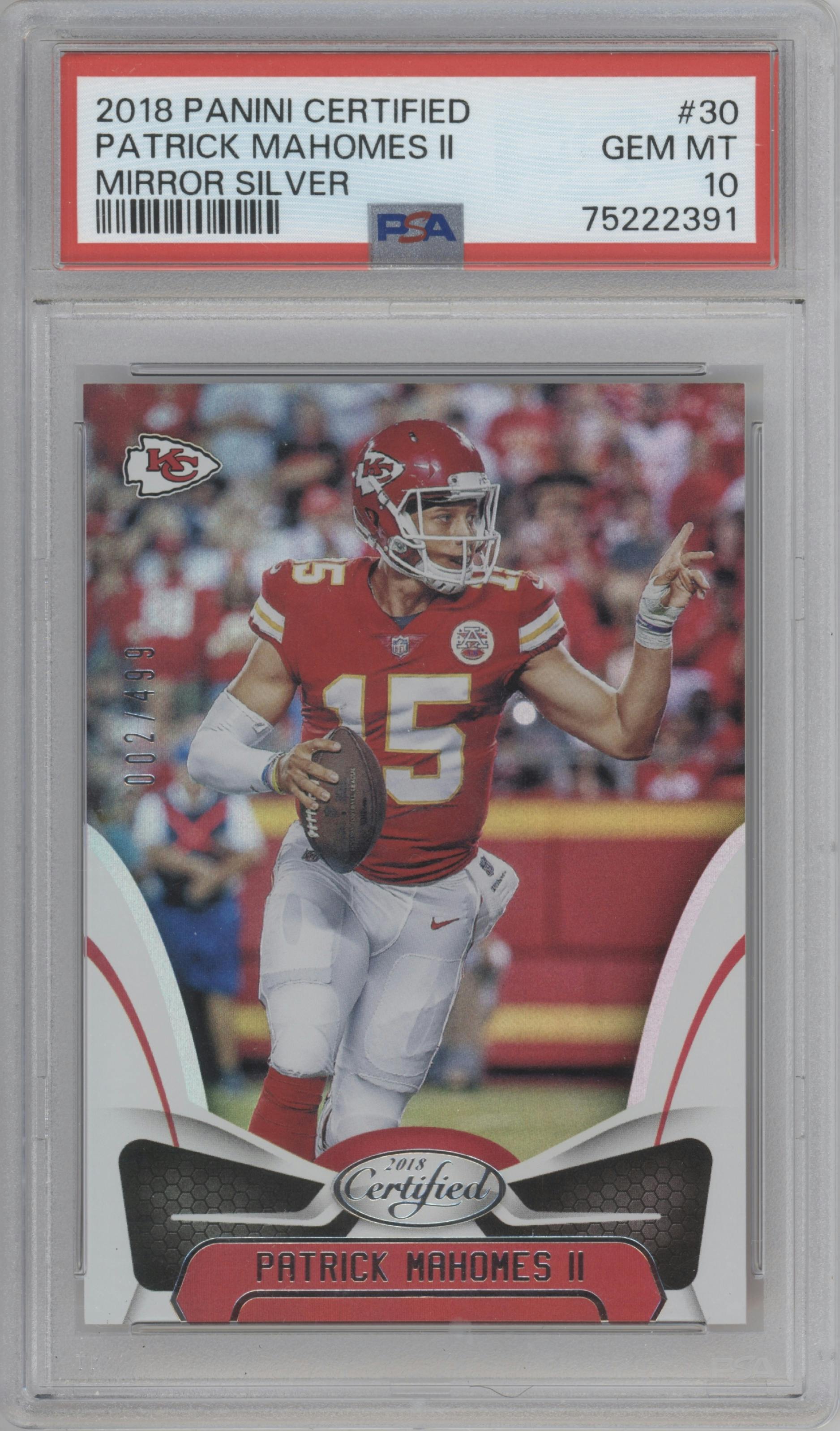 Patrick Mahomes II from the 2018 Panini Certified set featuring a Mirror Silver parallel graded by PSA and given an overall grade of 10.