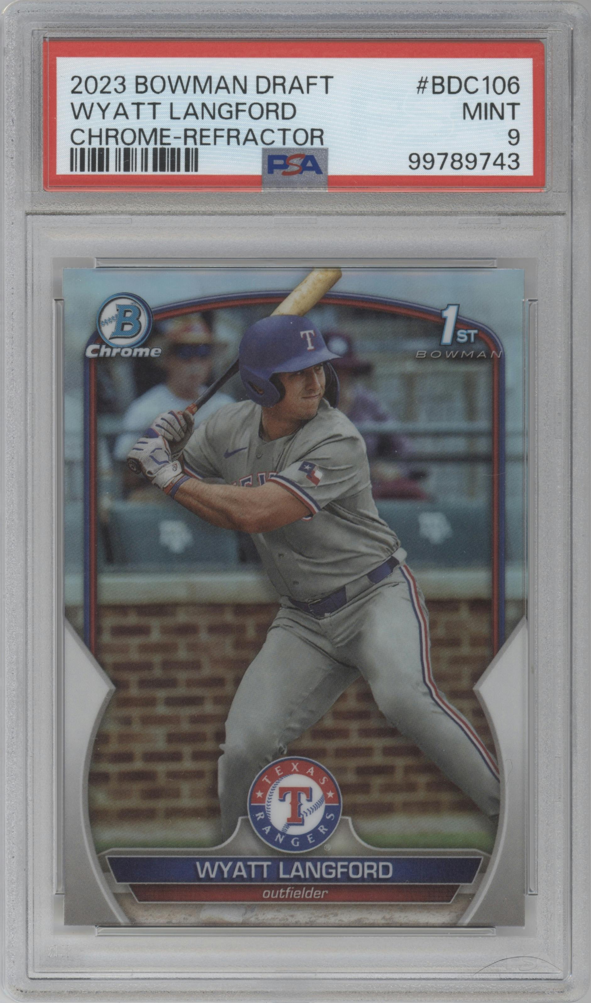 Wyatt Langford from the 2023 Bowman Draft set featuring a Refractor parallel graded by PSA and given an overall grade of 9.