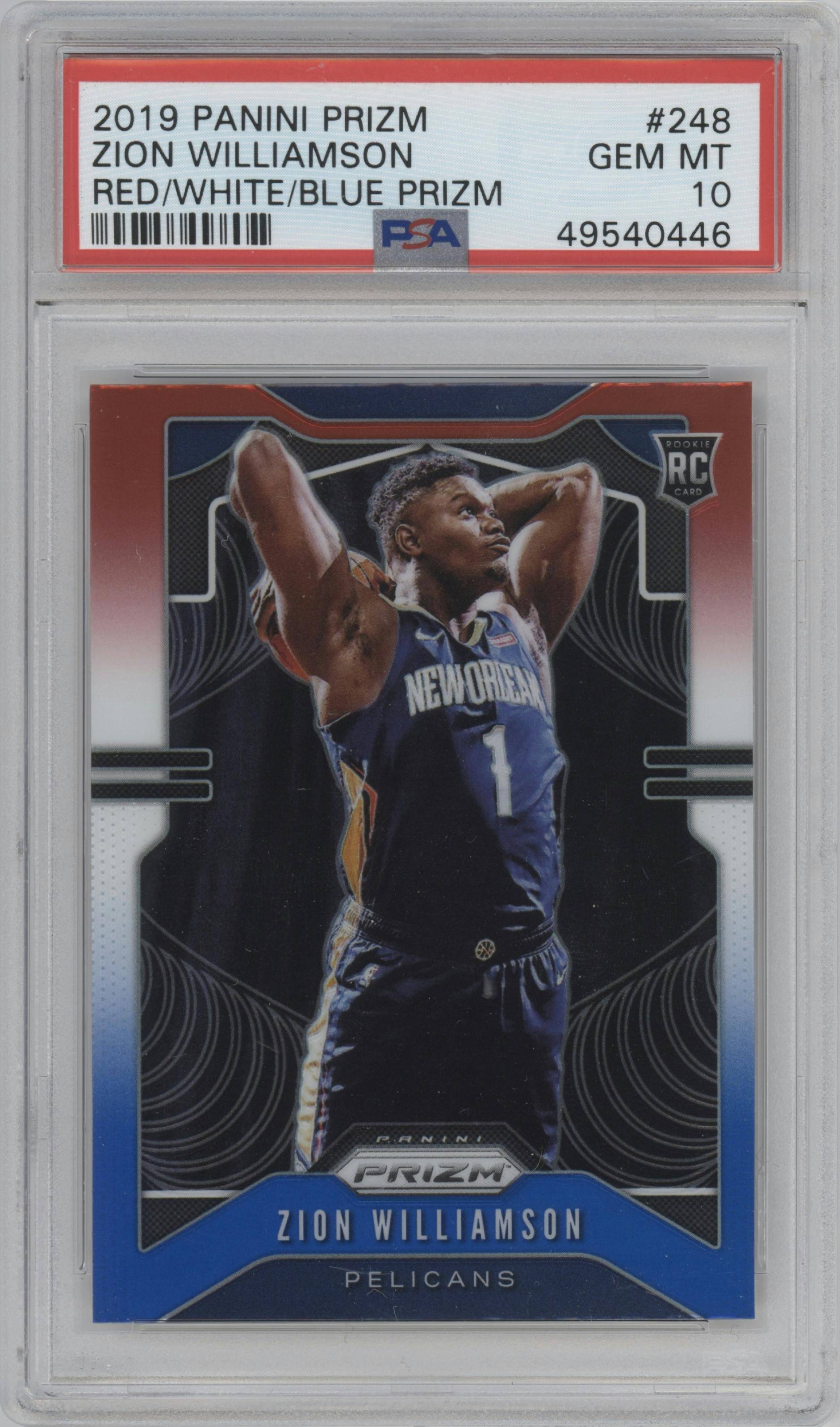 Zion Williamson from the 2019-20 Panini Prizm set featuring a Red/White/Blue Prizm  parallel graded by PSA and given an overall grade of 10.