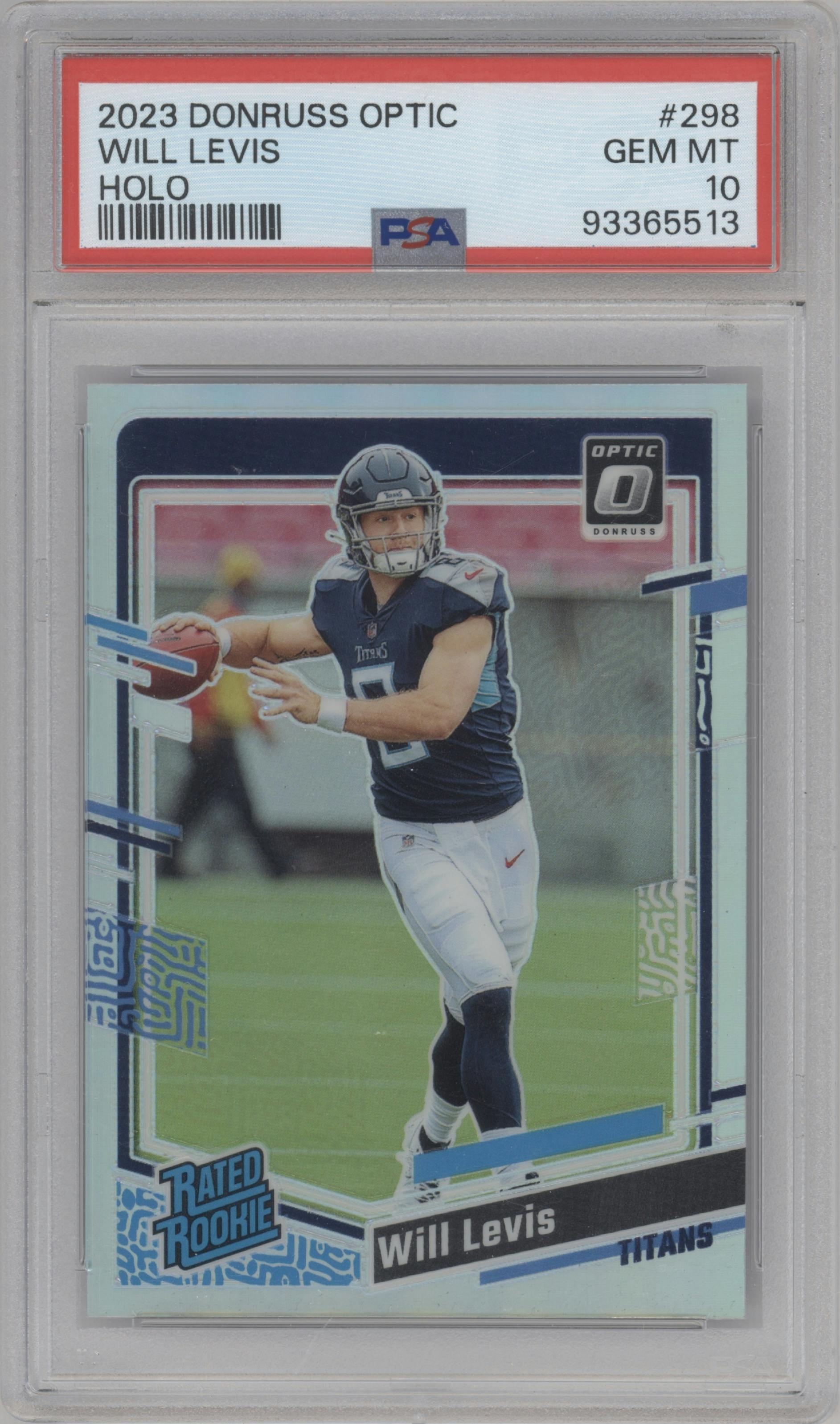 Will Levis from the 2023 Donruss Optic set featuring a Holo parallel graded by PSA and given an overall grade of 10.