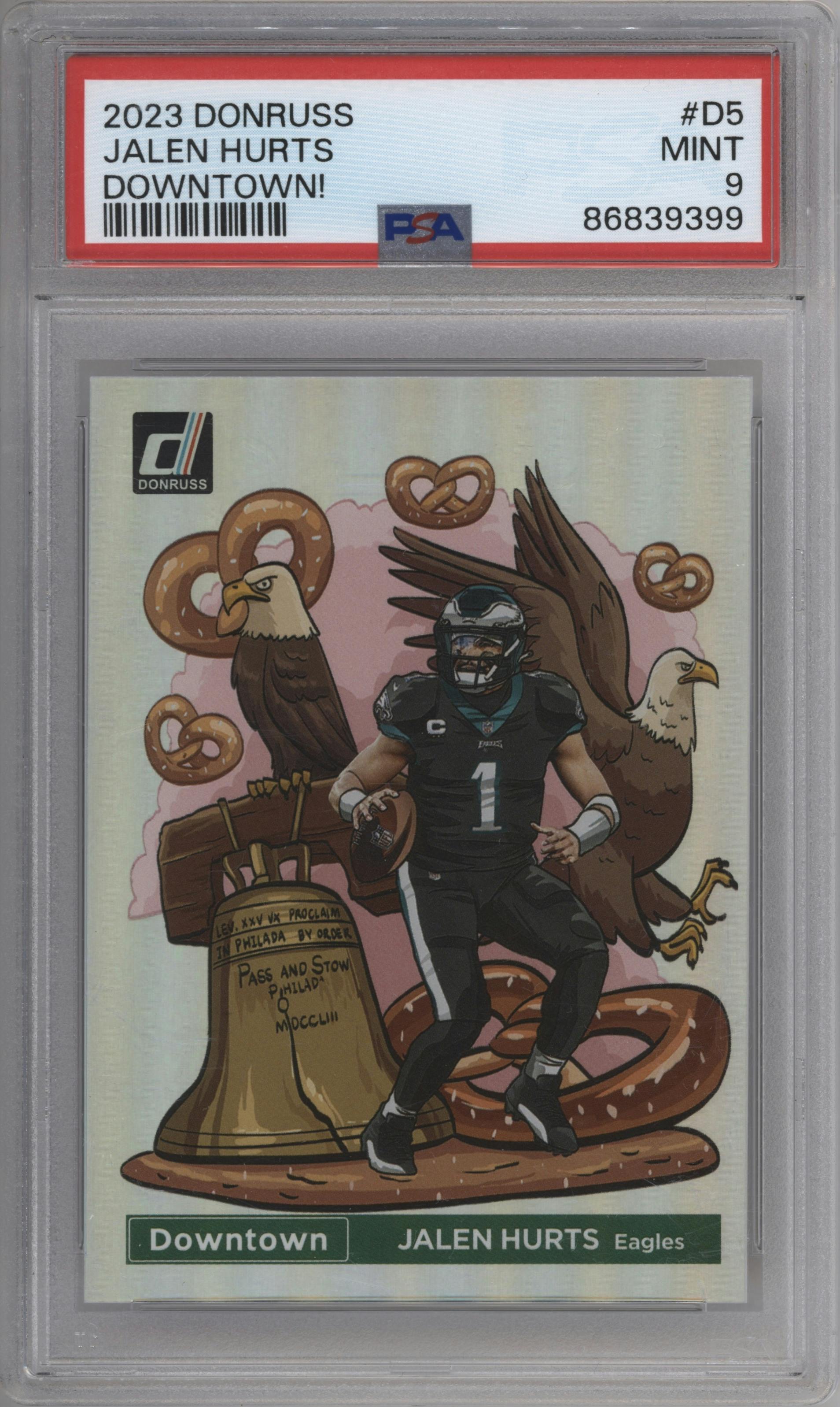 Jalen Hurts from the 2023 Panini Donruss set graded by PSA and given an overall grade of 9.