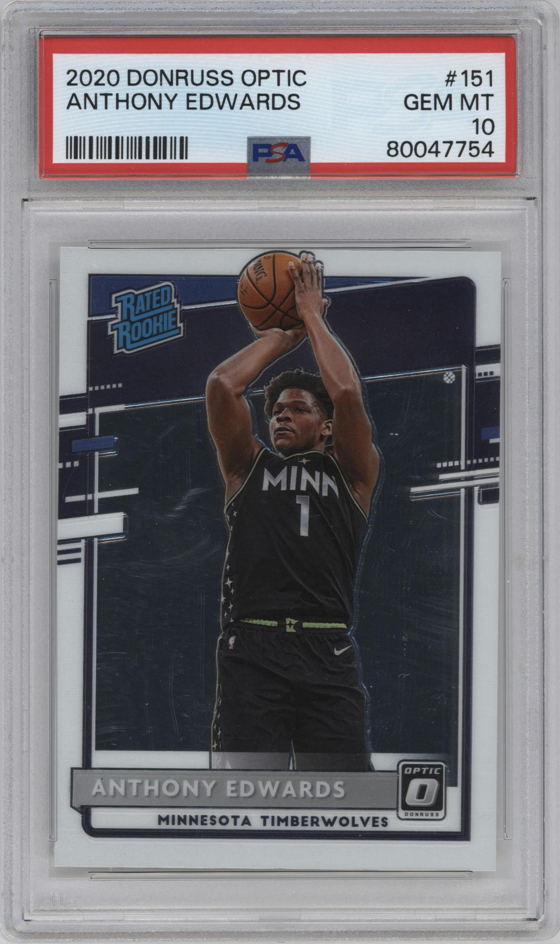 Anthony Edwards from the 2020-21 Panini Donruss Optic set graded by PSA and given an overall grade of 10.