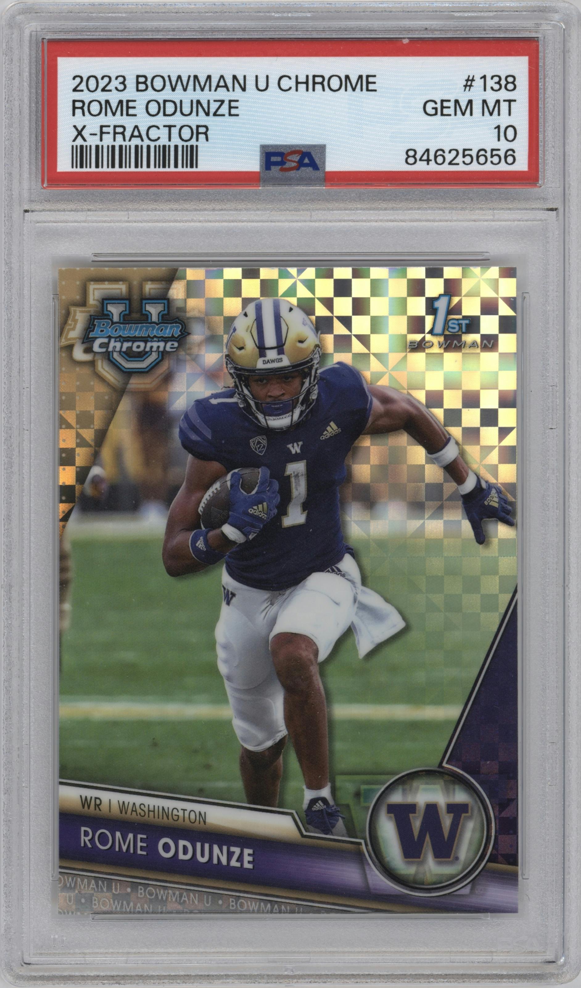 Rome Odunze from the 2023 Bowman Chrome University set featuring a X-Fractor parallel graded by PSA and given an overall grade of 10.