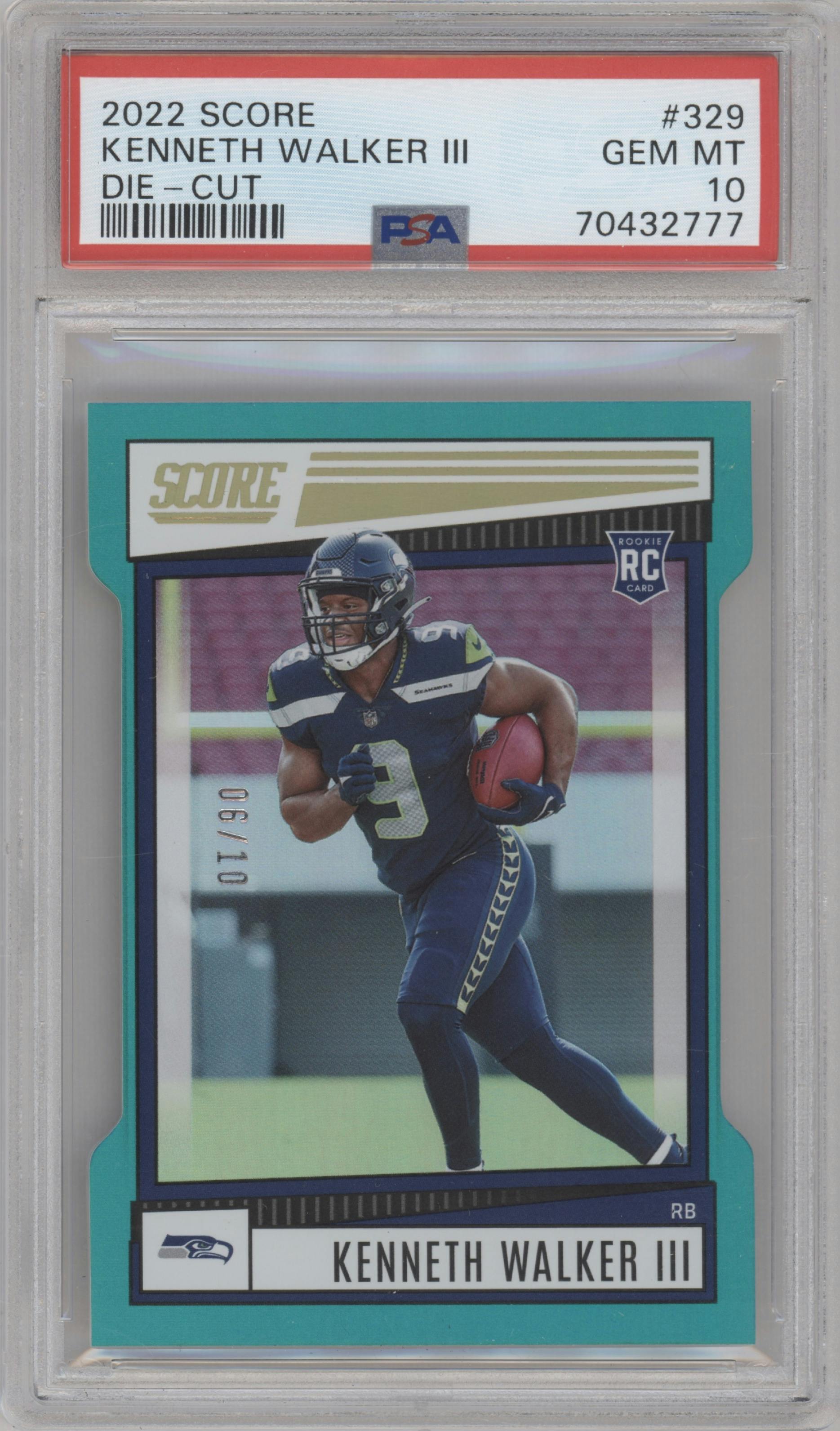 Kenneth Walker III from the 2022 Panini Score set featuring a Die-Cut parallel graded by PSA and given an overall grade of 10.