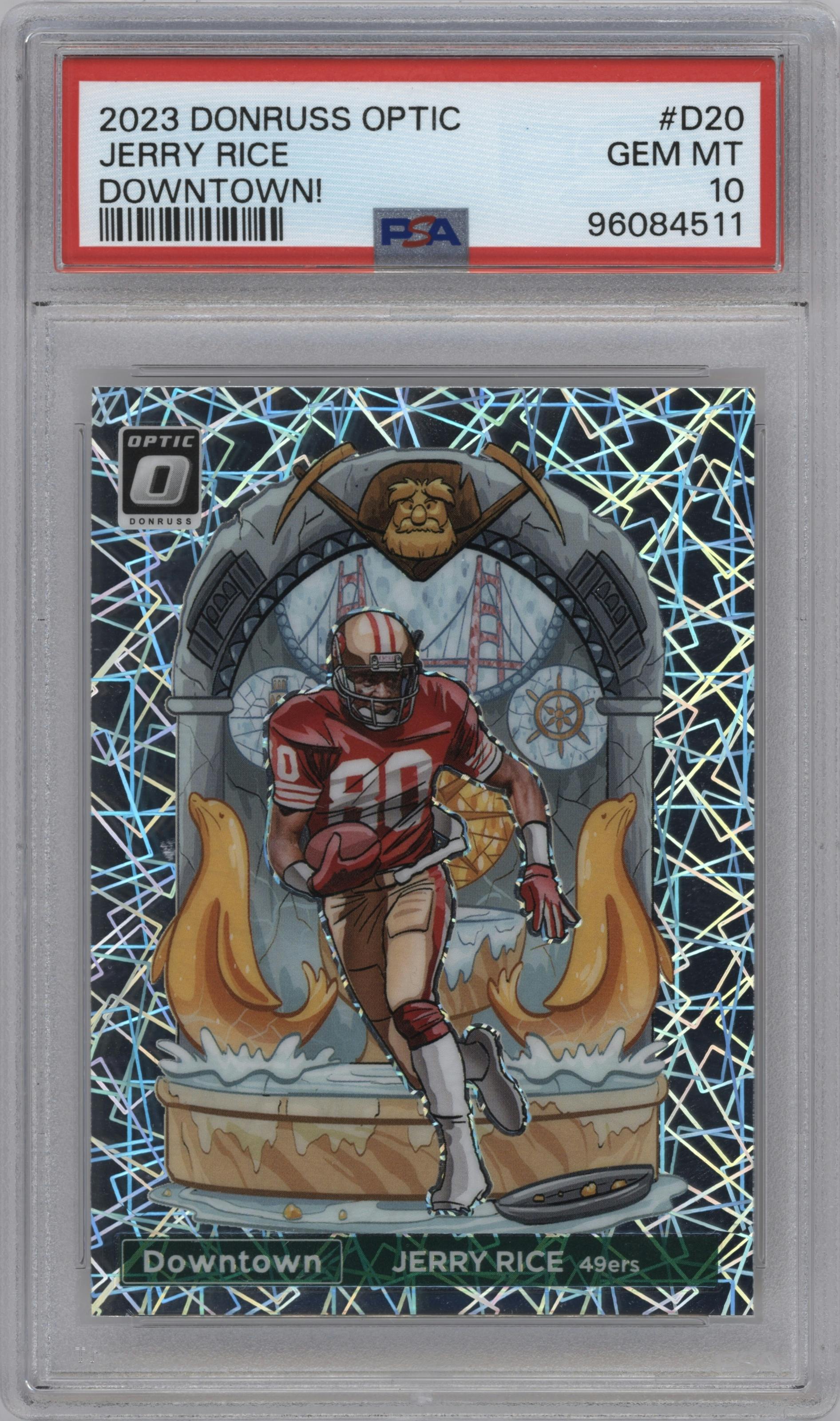 Jerry Rice from the 2023 Donruss Optic set graded by PSA and given an overall grade of 10.