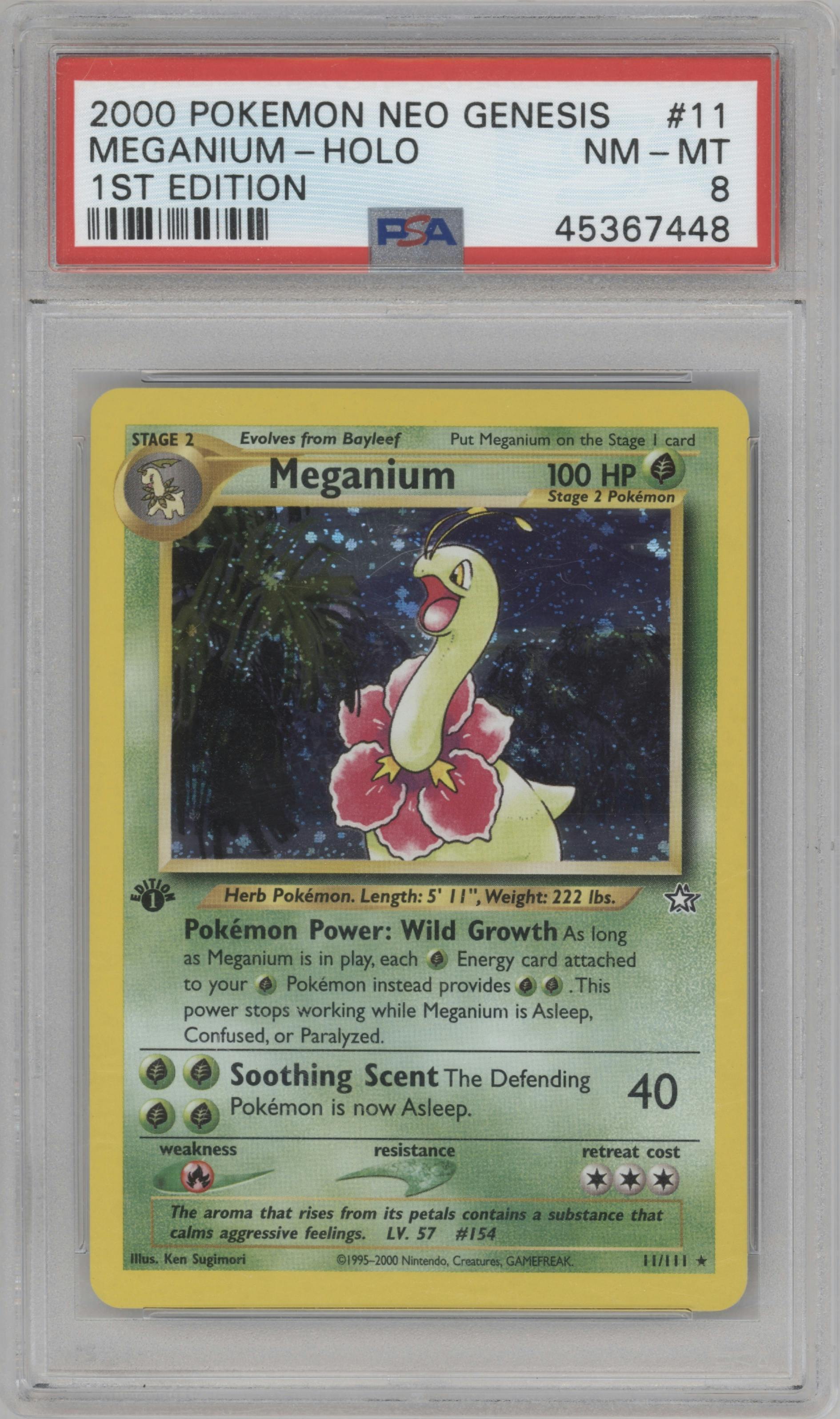 Meganium from the 2000 Pokemon Neo Genesis set graded by PSA and given an overall grade of 8.