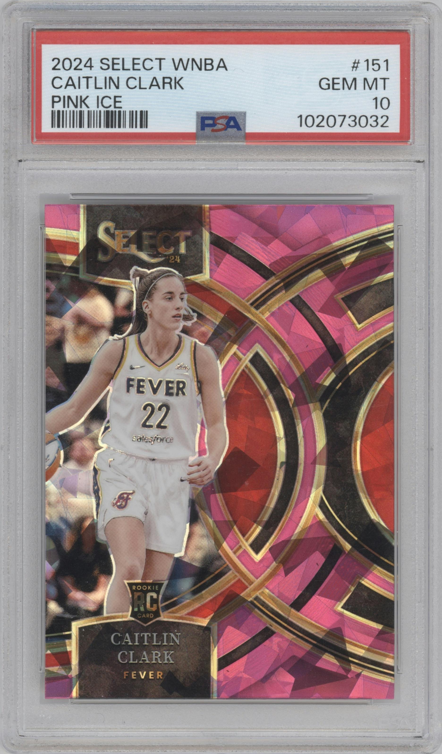 Caitlin Clark from the 2024 Panini Select WNBA set featuring a Pink Ice parallel graded by PSA and given an overall grade of 10.