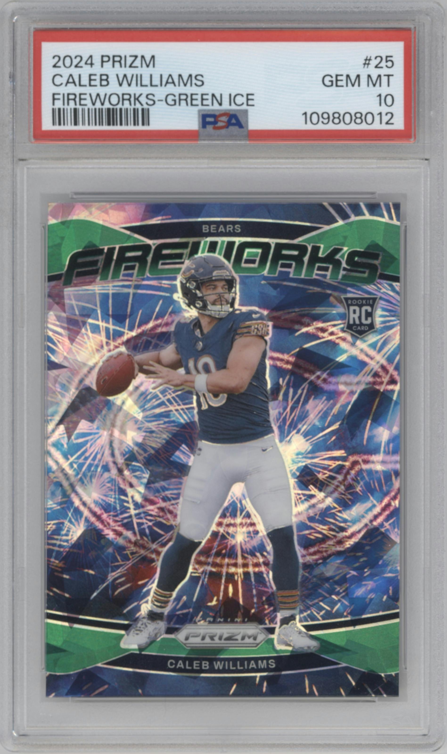 Caleb Williams from the 2024 Panini Prizm set featuring a Green Ice parallel graded by PSA and given an overall grade of 10.