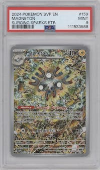 Magneton from the 2024 Pokemon SV set featuring a Surging Sparks Elite Trainer Box parallel graded by PSA and given an overall grade of 9.