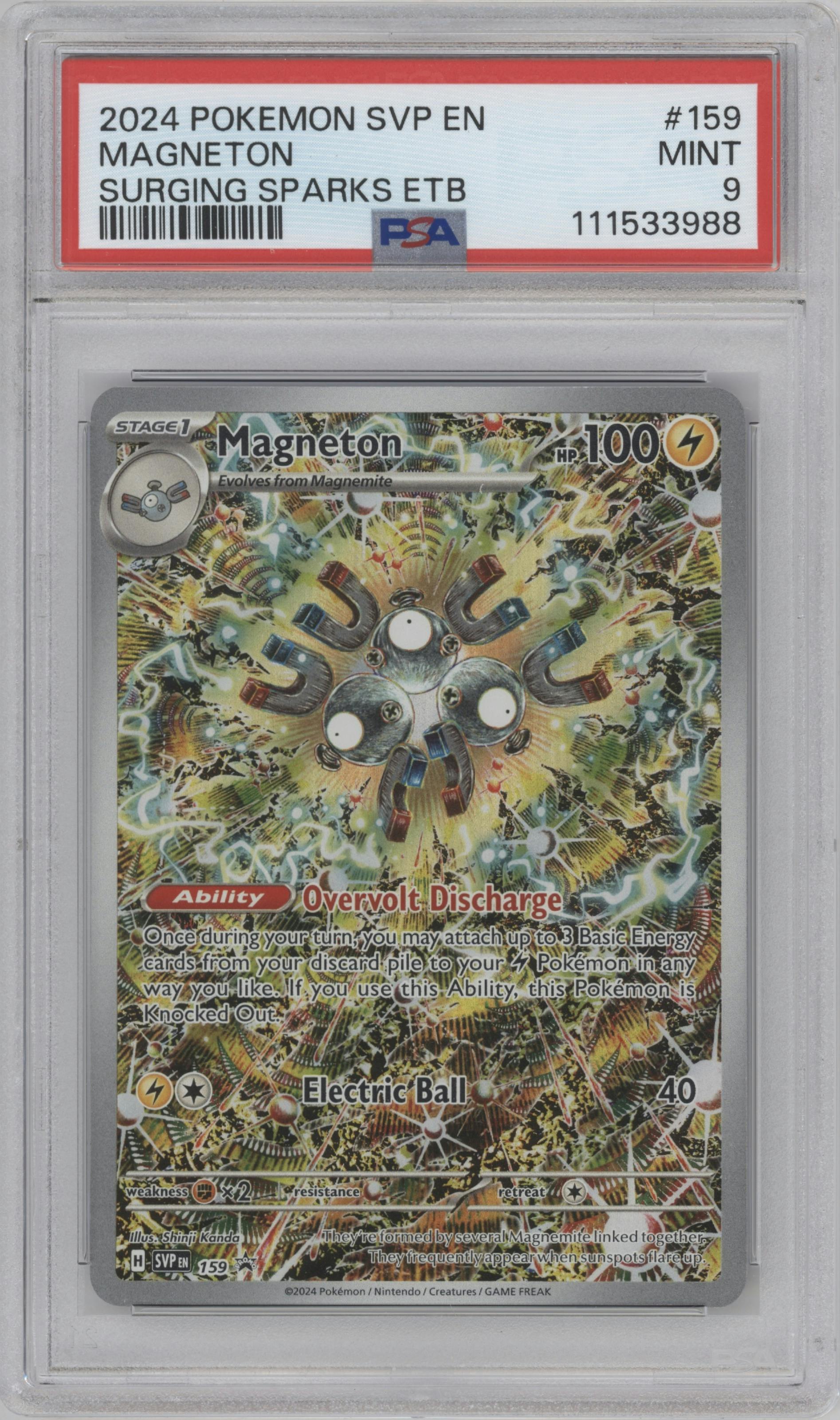 Magneton from the 2024 Pokemon SV set featuring a Surging Sparks Elite Trainer Box parallel graded by PSA and given an overall grade of 9.