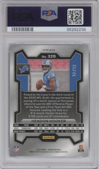 Hendon Hooker from the 2023 Panini Prizm set featuring a Blue Ice parallel graded by PSA and given an overall grade of 9.