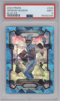 Hendon Hooker from the 2023 Panini Prizm set featuring a Blue Ice parallel graded by PSA and given an overall grade of 9.