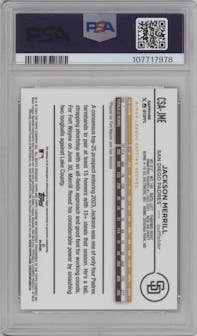 Jackson Merrill from the 2024 Topps Chrome Sapphire set featuring a Gold parallel graded by PSA and given an overall grade of 10.