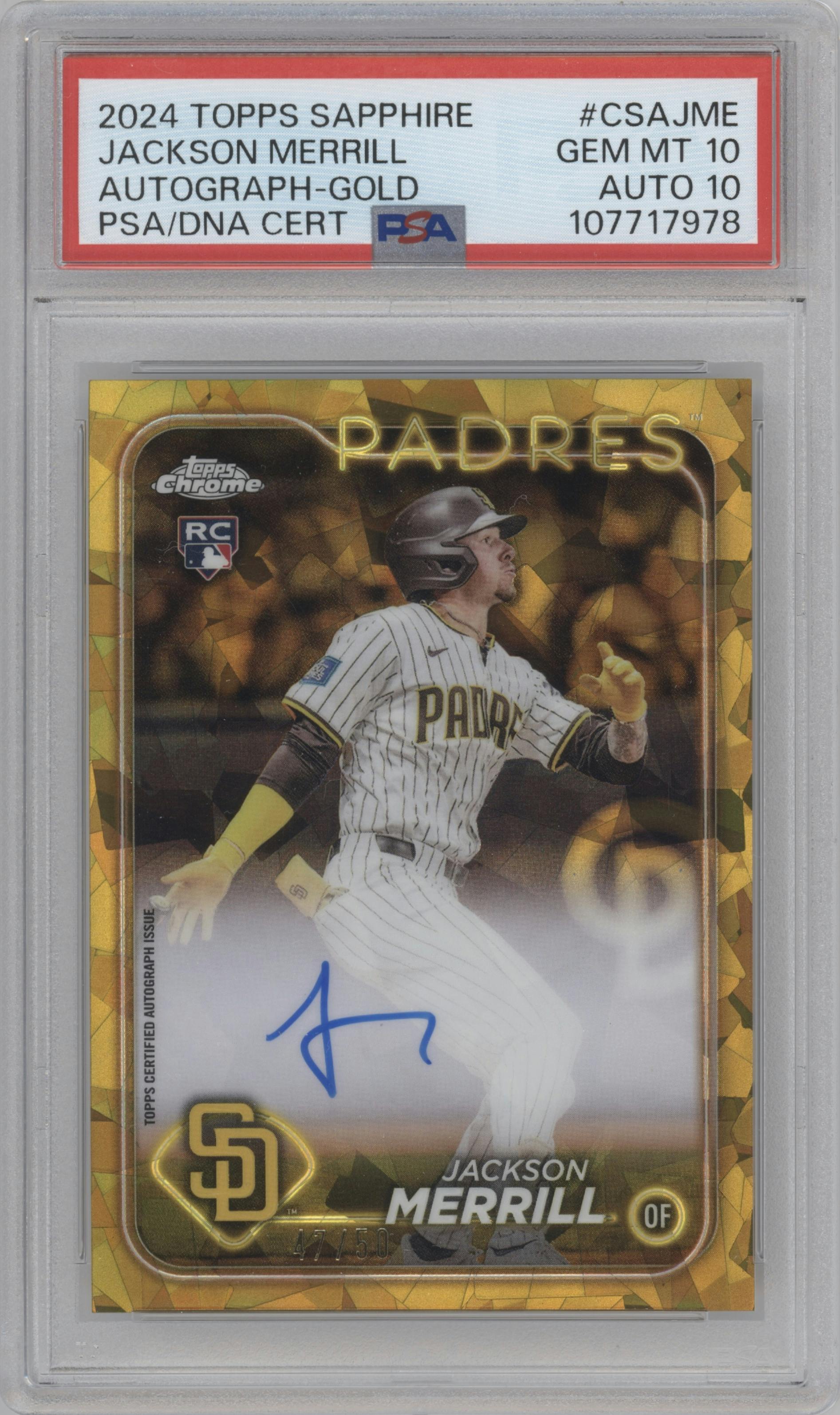 Jackson Merrill from the 2024 Topps Chrome Sapphire set featuring a Gold parallel graded by PSA and given an overall grade of 10.