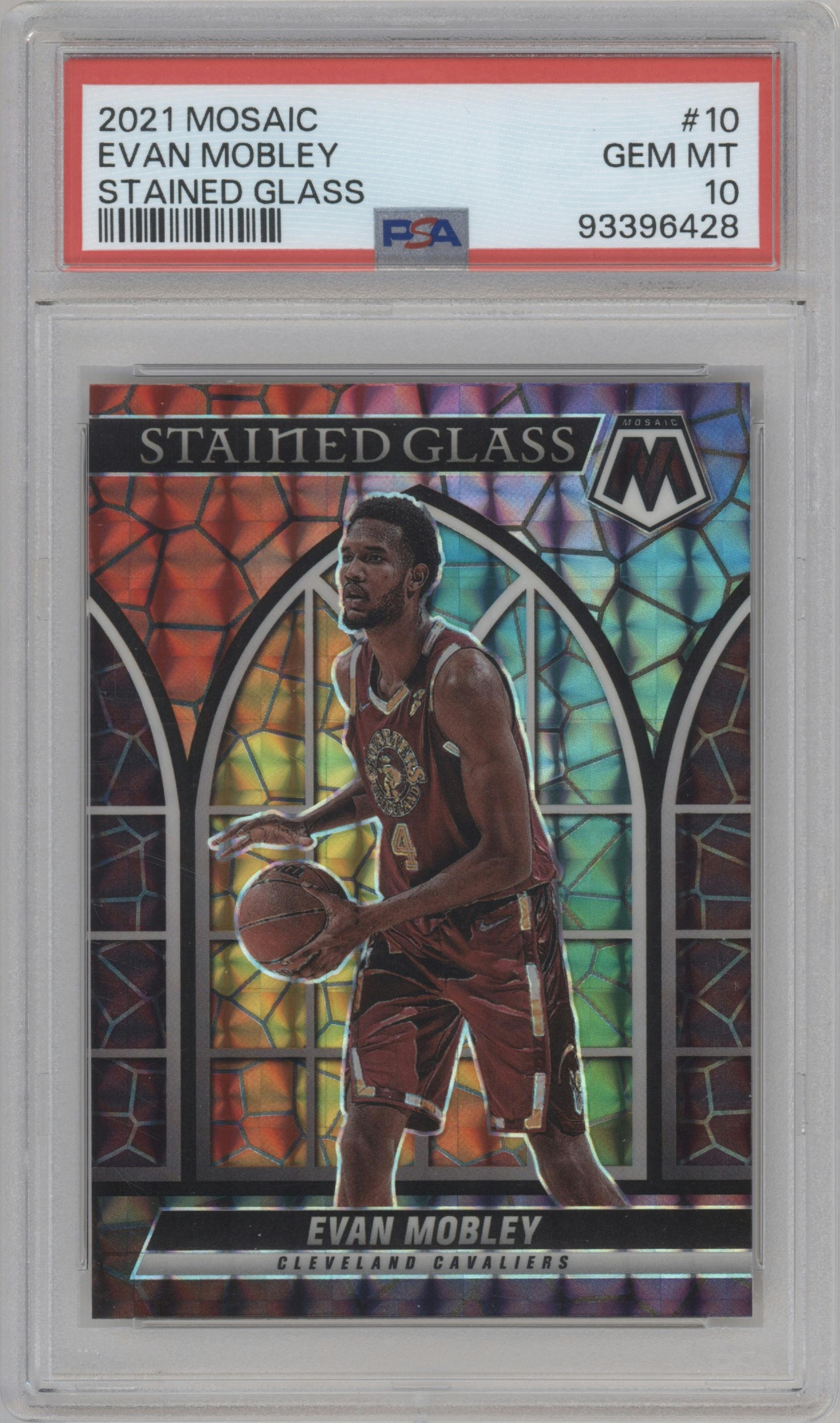 Evan Mobley from the 2021-22 Panini Mosaic  set graded by PSA and given an overall grade of 10.