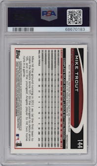 Mike Trout from the 2012 Topps Chrome set featuring a Purple Refractor parallel graded by PSA and given an overall grade of 10.
