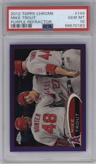 Mike Trout from the 2012 Topps Chrome set featuring a Purple Refractor parallel graded by PSA and given an overall grade of 10.