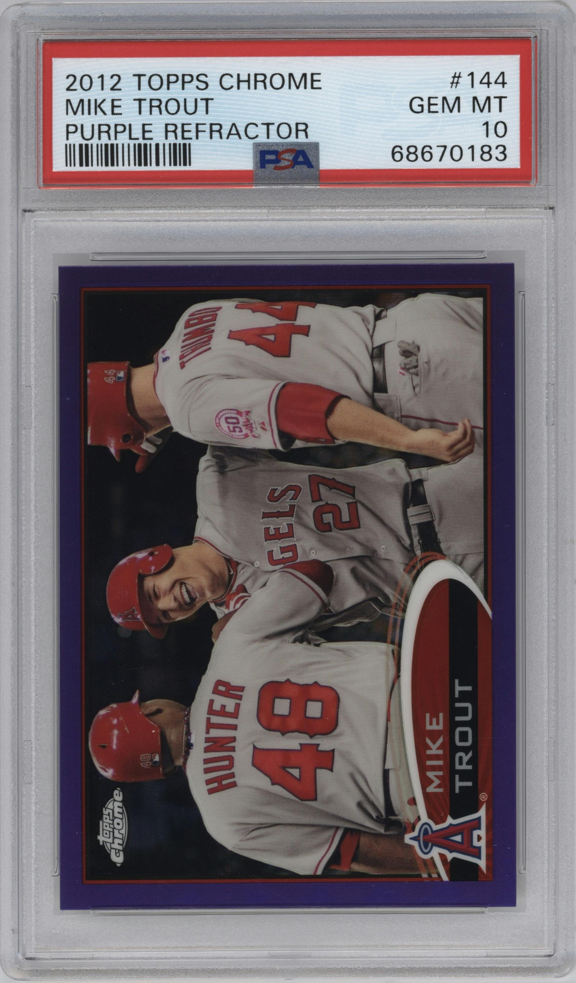 Mike Trout from the 2012 Topps Chrome set featuring a Purple Refractor parallel graded by PSA and given an overall grade of 10.