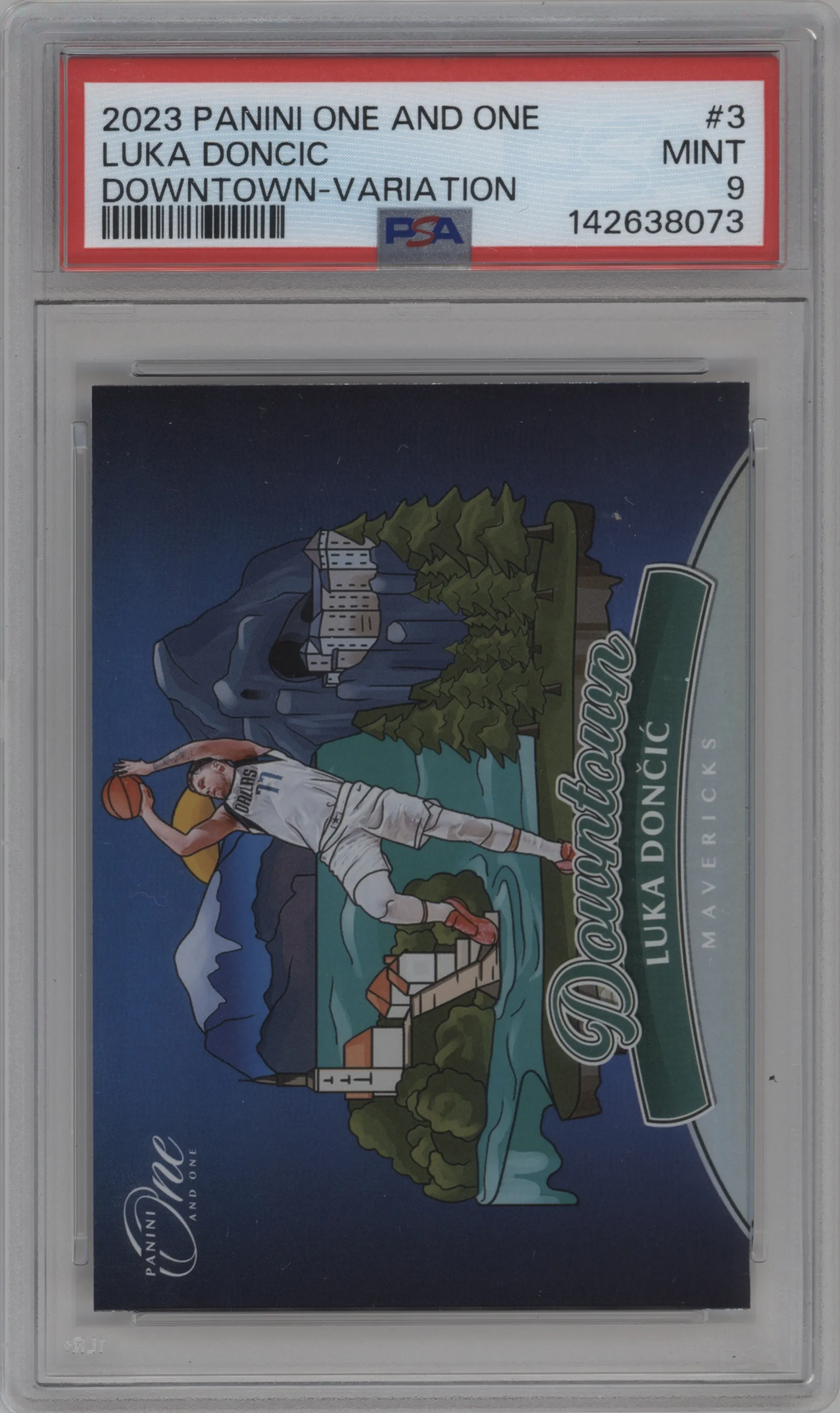 Luka Doncic from the 2023-24 Panini One and One set graded by PSA and given an overall grade of 9.