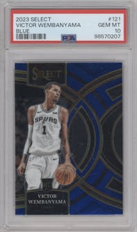 Victor Wembanyama from the 2023-24 Panini Select  set featuring a Blue Retail parallel graded by PSA and given an overall grade of 10.