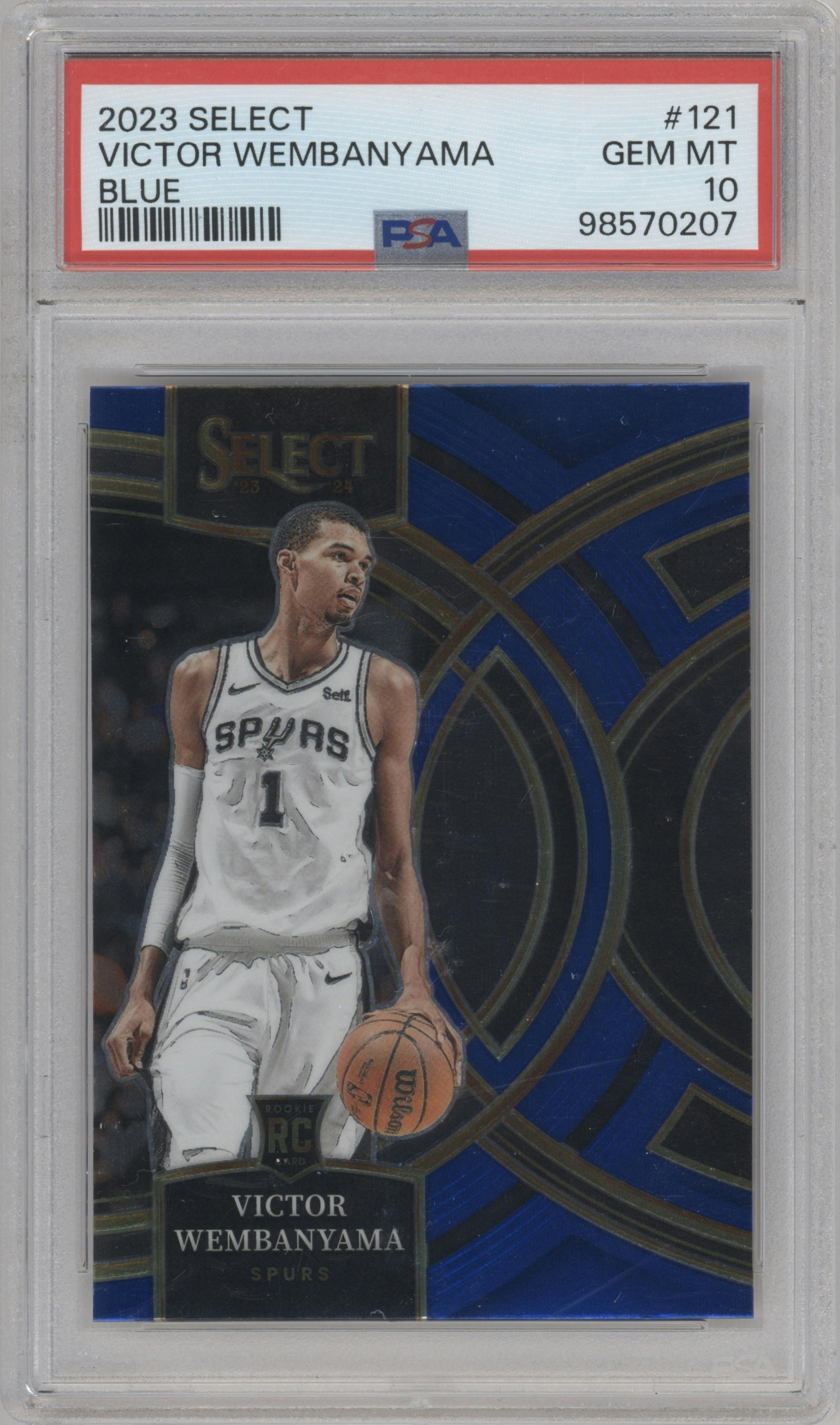 Victor Wembanyama from the 2023-24 Panini Select  set featuring a Blue Retail parallel graded by PSA and given an overall grade of 10.