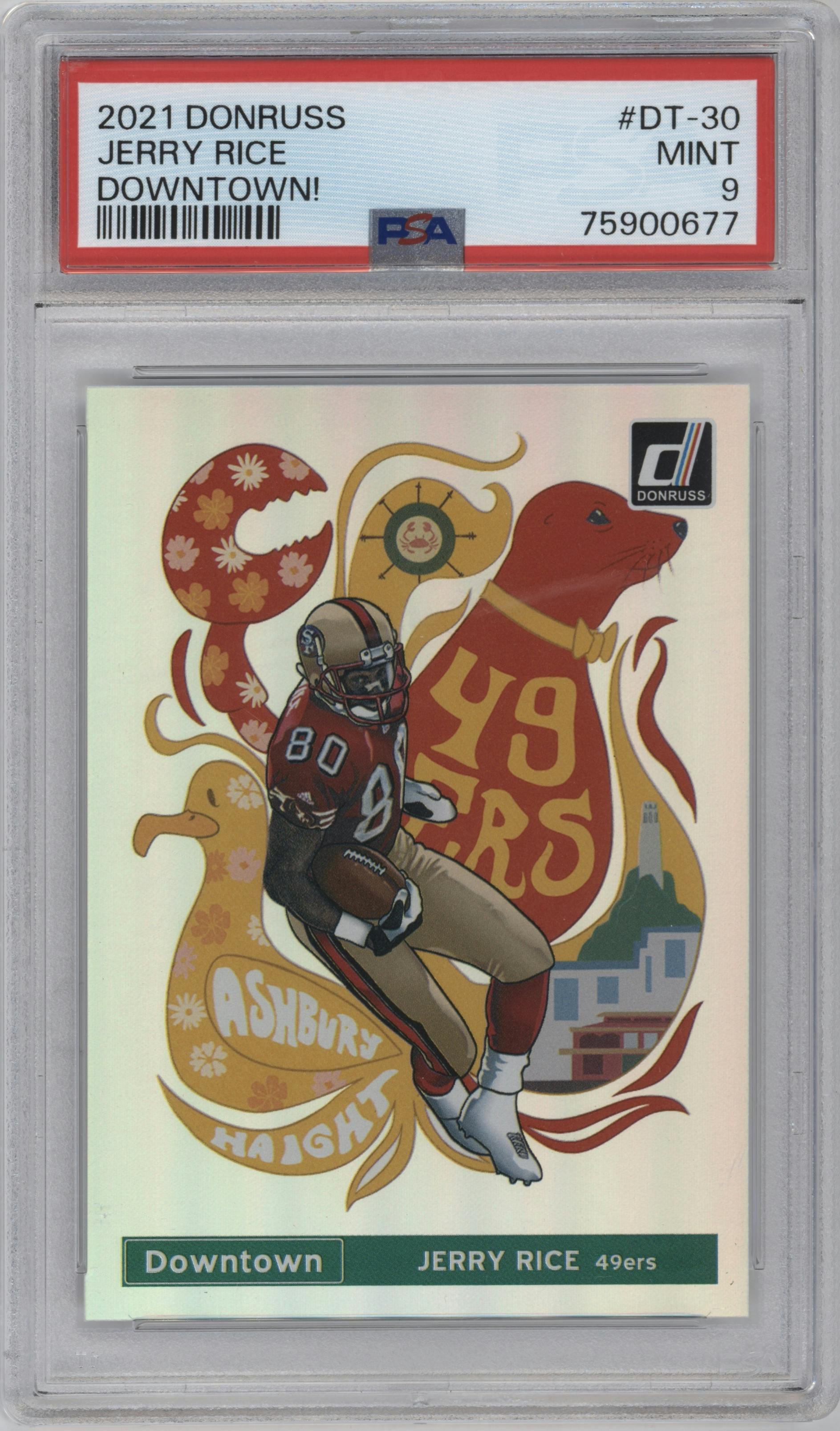 Jerry Rice from the 2021 Panini Donruss set graded by PSA and given an overall grade of 9.
