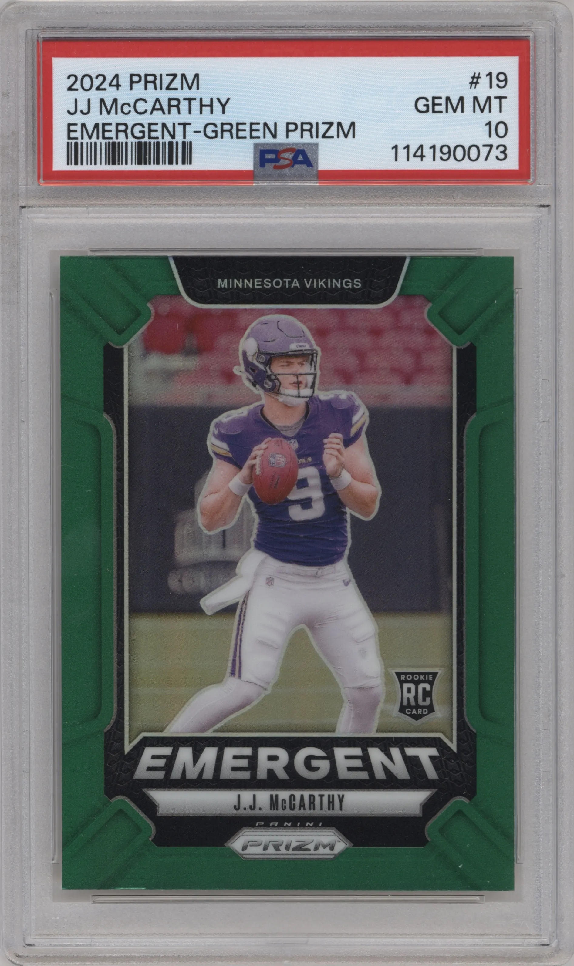 2024 Panini Prizm Emergent J.J. McCarthy Green Prizm #19 PSA 10