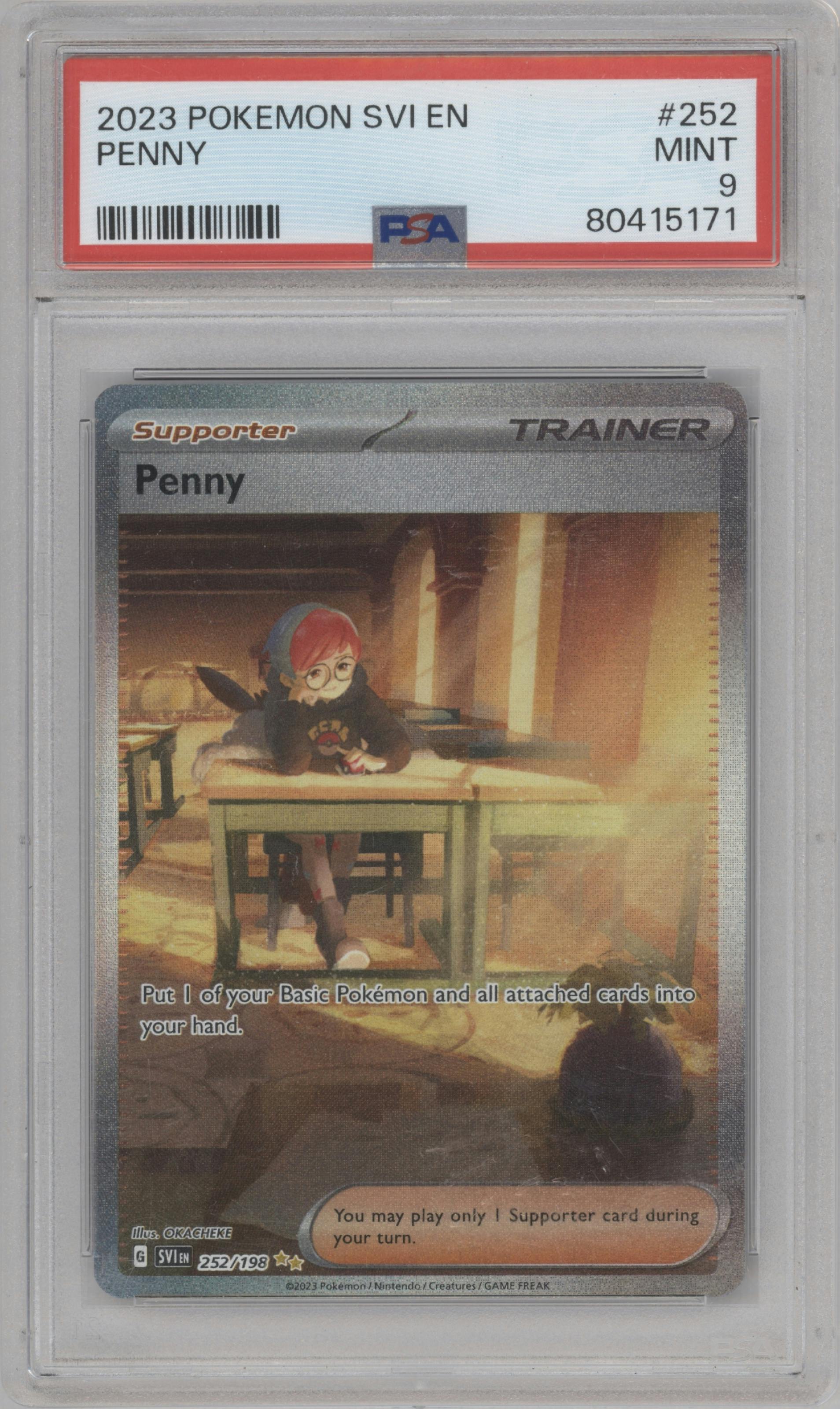 Penny from the 2023 Pokemon SV set graded by PSA and given an overall grade of 9.
