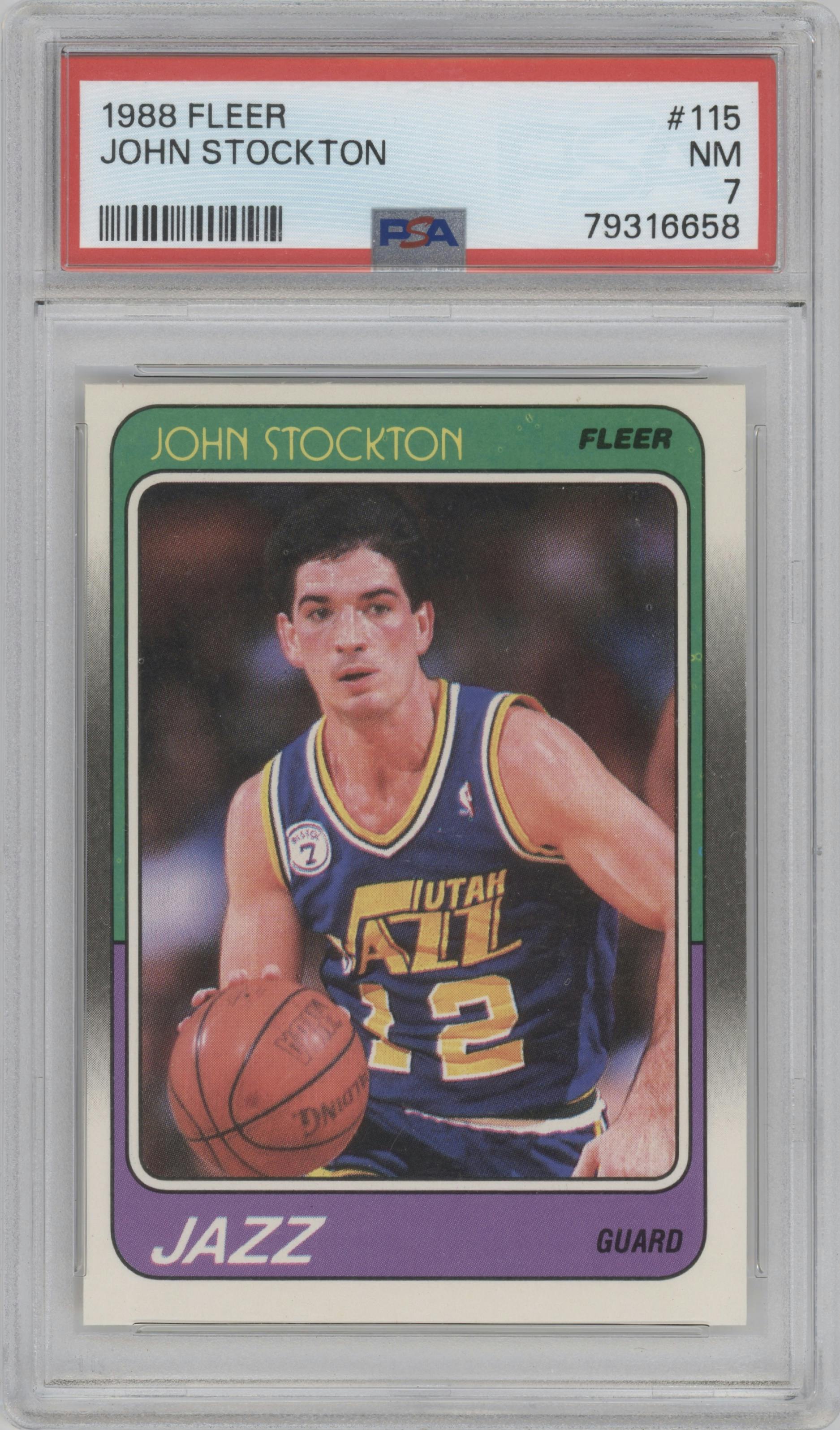 John Stockton from the 1988-89 Fleer set graded by PSA and given an overall grade of 7.